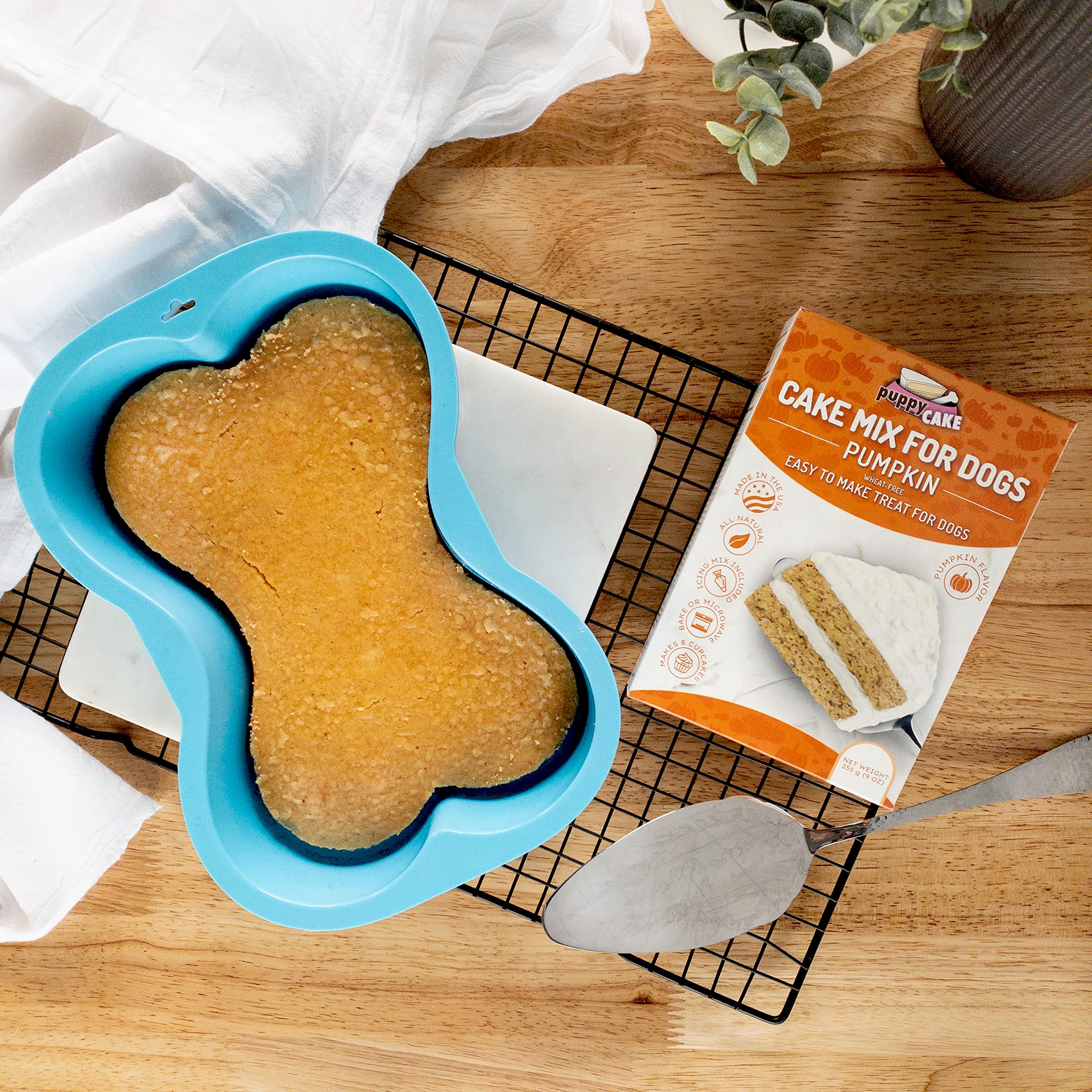 Puppy Cake Mix Dog Birthday Cake Kit, With Bone Silicone Pan And Candles (Pumpkin, Blue)