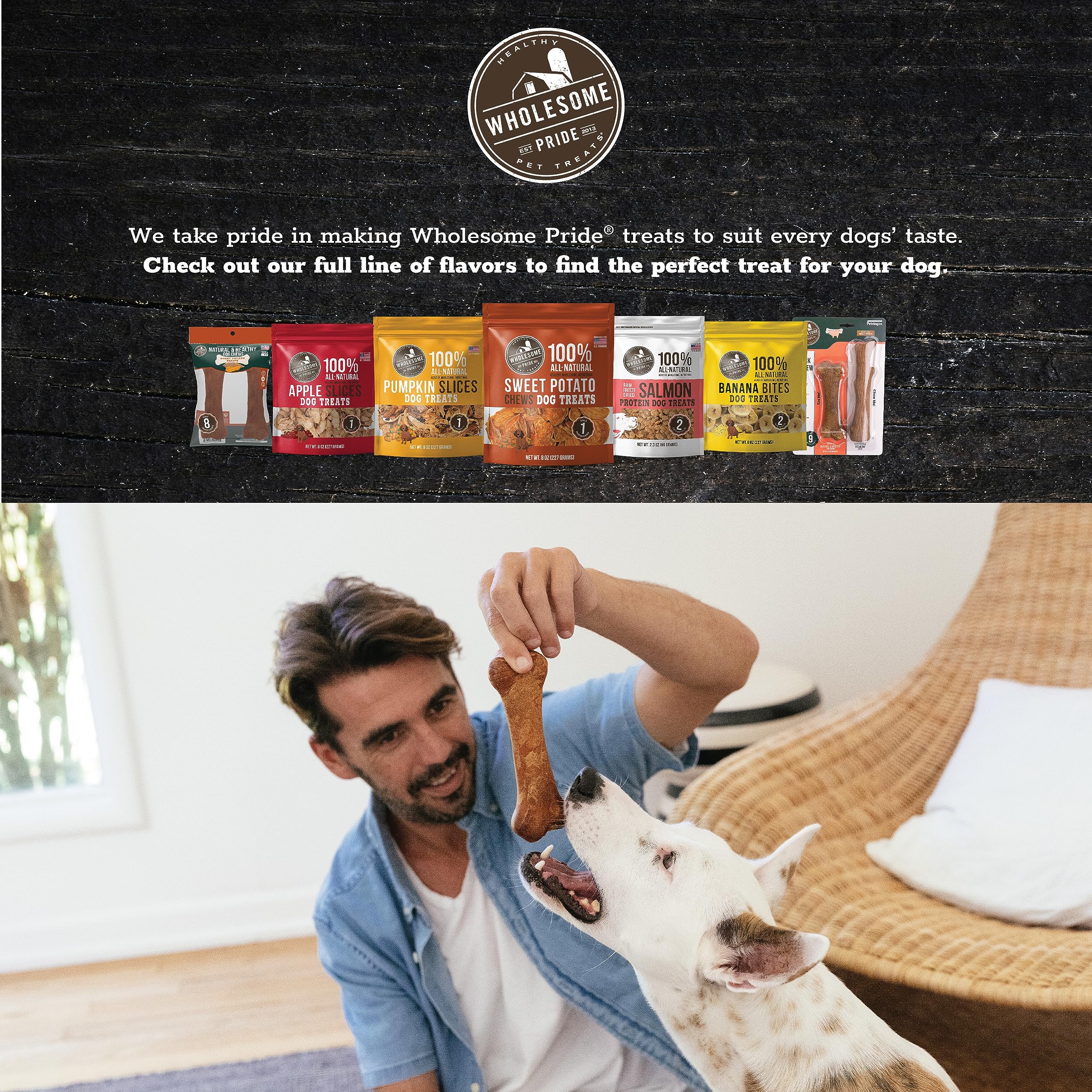 Wholesome Pride Natural & Healthy Dog Chews 2Pk for Medium Dogs, Bacon Flavor, Made in The USA