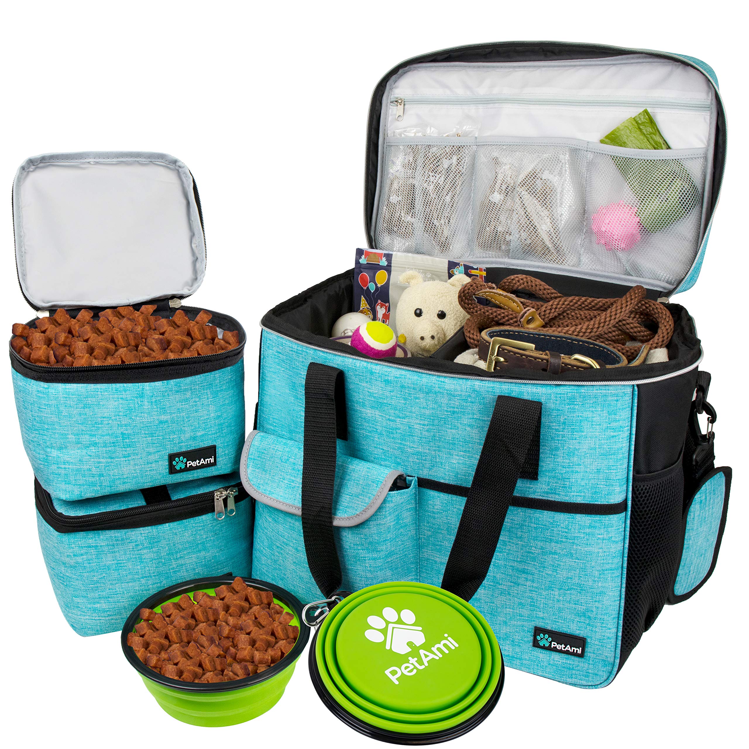 PetAmi Travel Bag Organizer - Dog & Cat Diaper Bag with Food Container and Bowls, Perfect for Weekend Camping (Sea Blue, Large)