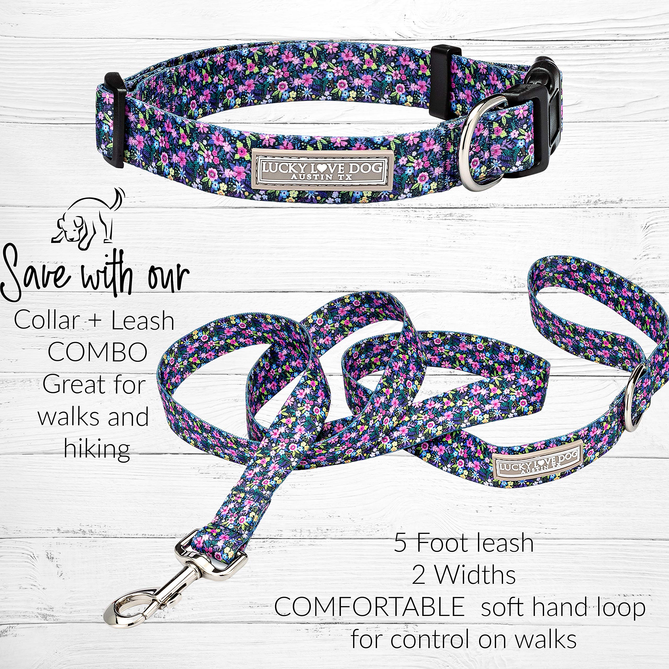 Lucky Love Dog, Matching Dog Collar & Leash Set For Female Dogs, Soft, Adjustable, Safe For Training And Walking, Black & Purple Floral Print, Primrose Combo, Xs