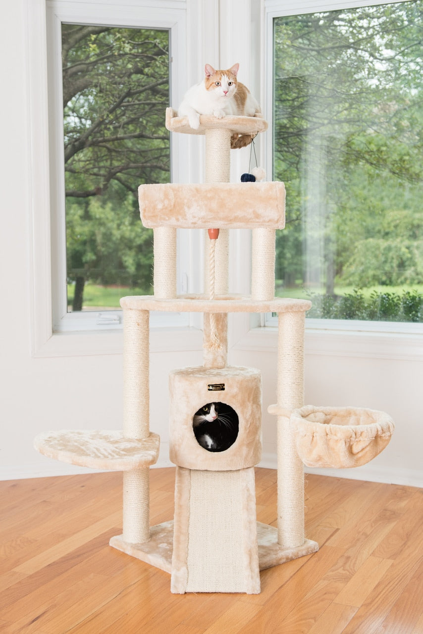 Armarkat Spacious Thick Fur Real Wood Cat Tower With Basket Lounge, Ramp, Beige A5806