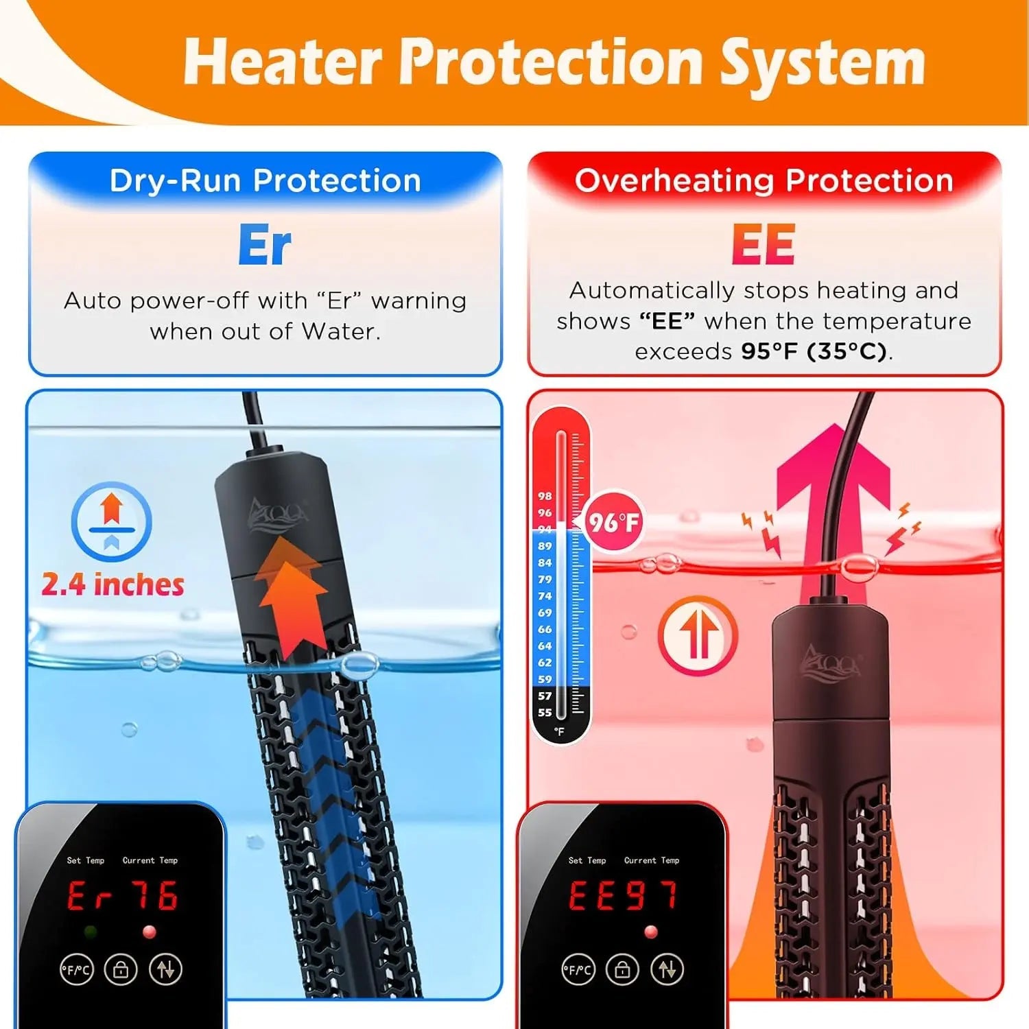 AQQA Aquarium Heater Quartz Submersible 500-1000W Overheat Protection Tank