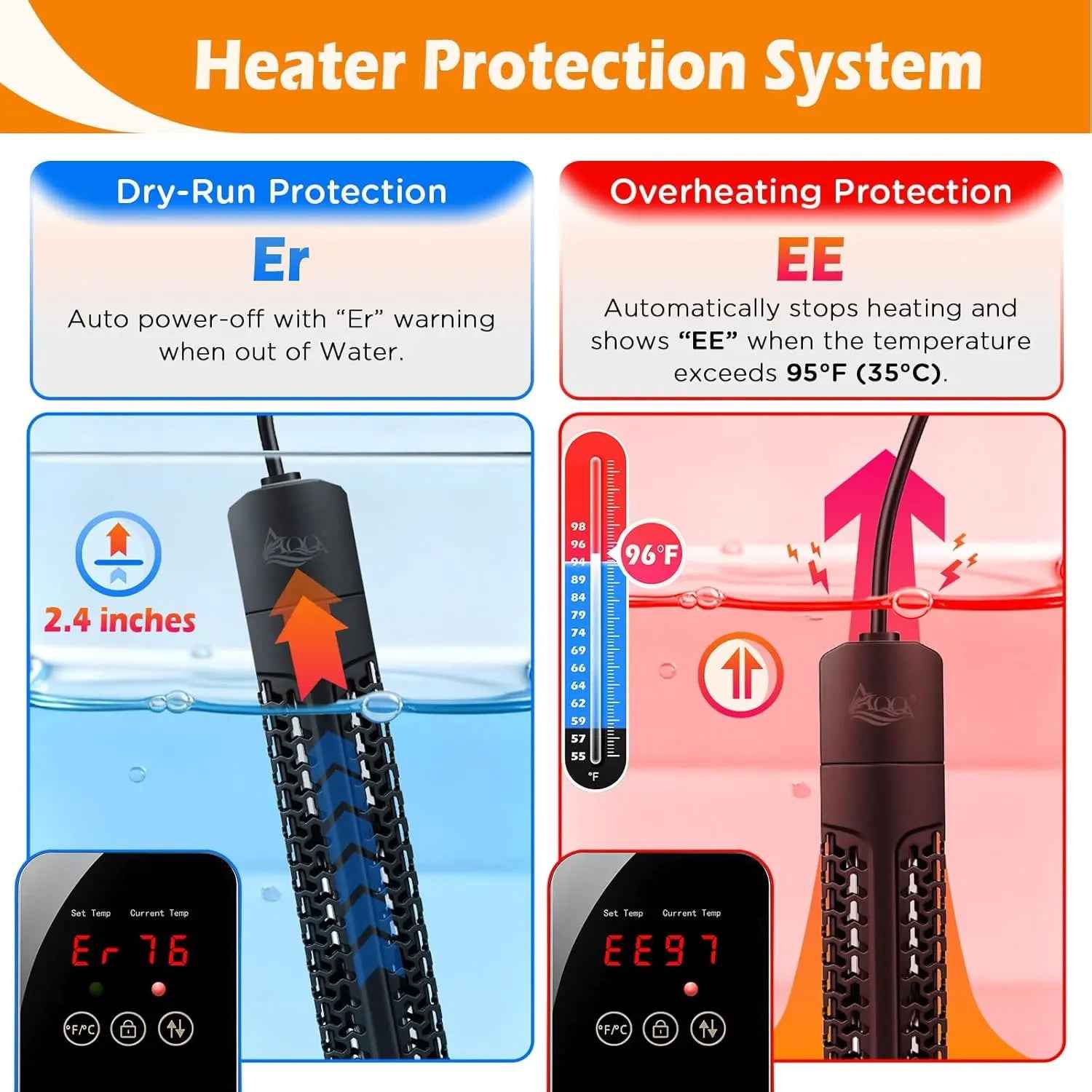 AQQA Aquarium Heater Quartz Submersible 500-1000W Overheat Protection Tank