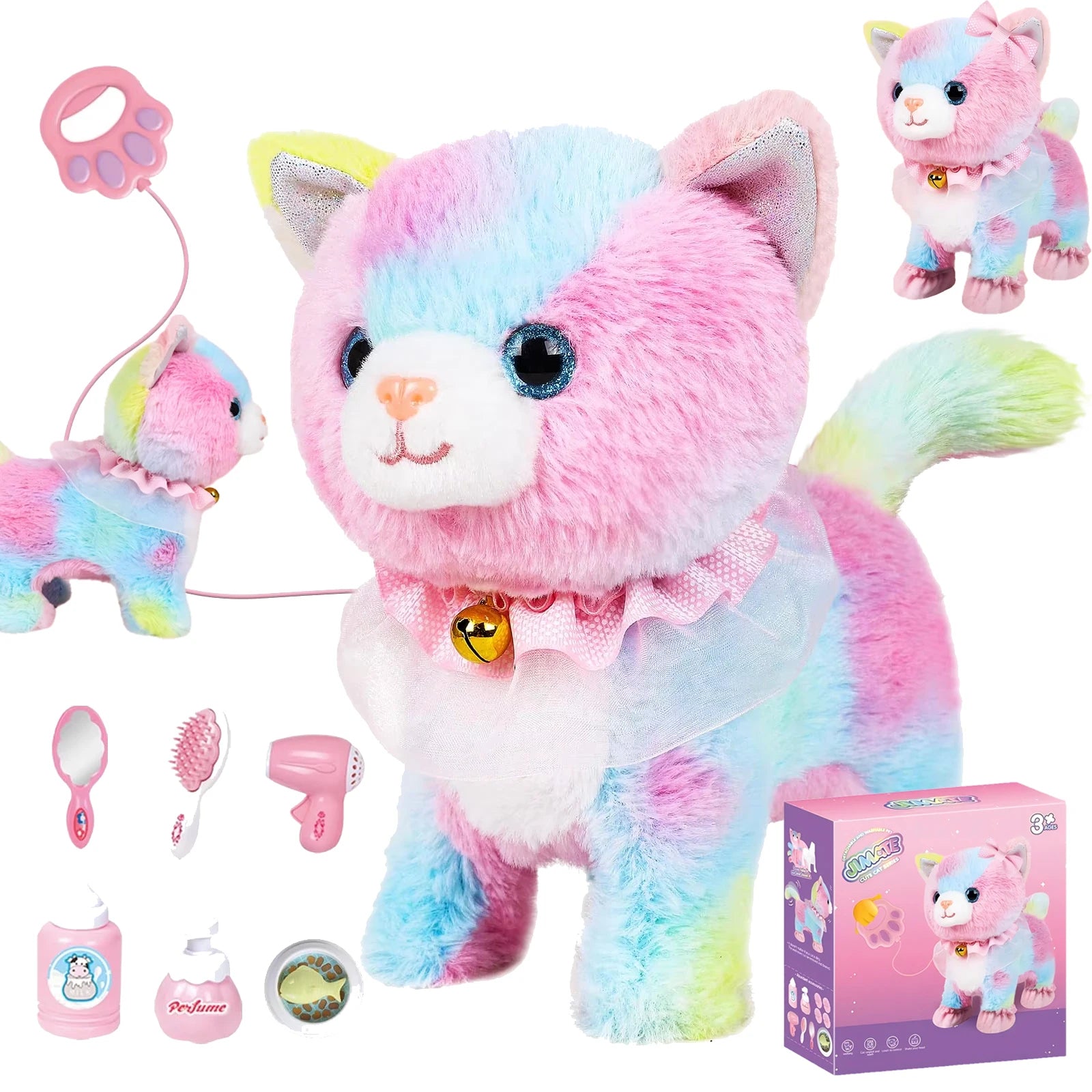 Kids RC Rainbow Cat Plush Toy Walking Kitten Grooming Beauty Accessories Set Adorable Pet Toy Birthday Present For Little Girls