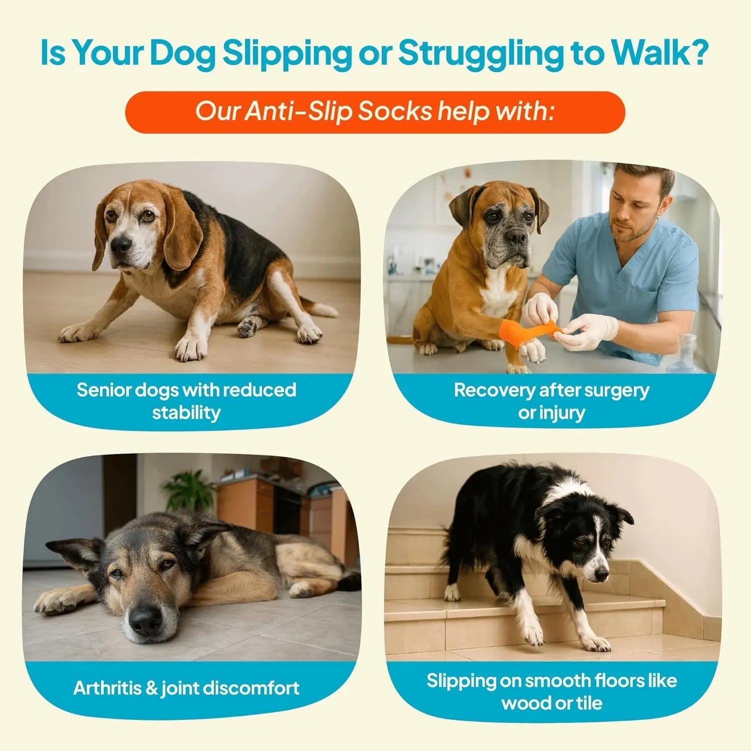 Anti-Slip Dog Socks with Straps – Breathable & Washable, 4-Pack