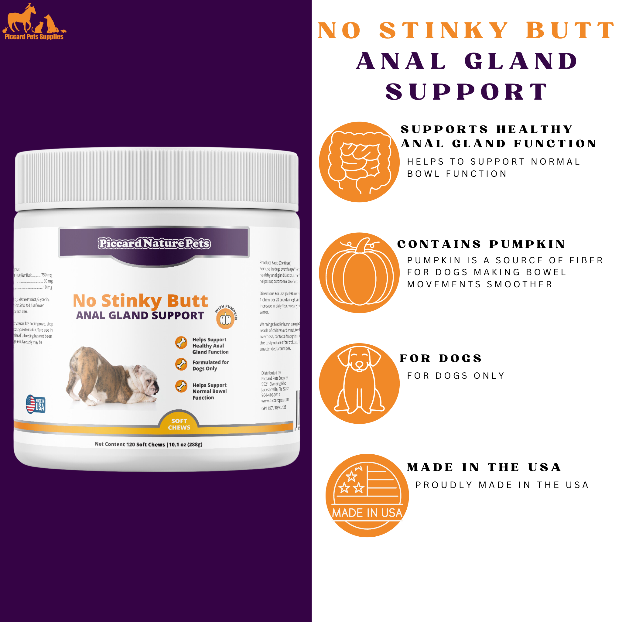 PiccardNaturePets No Stinky Butt Anal Gland Dog Support 120 Count Chews