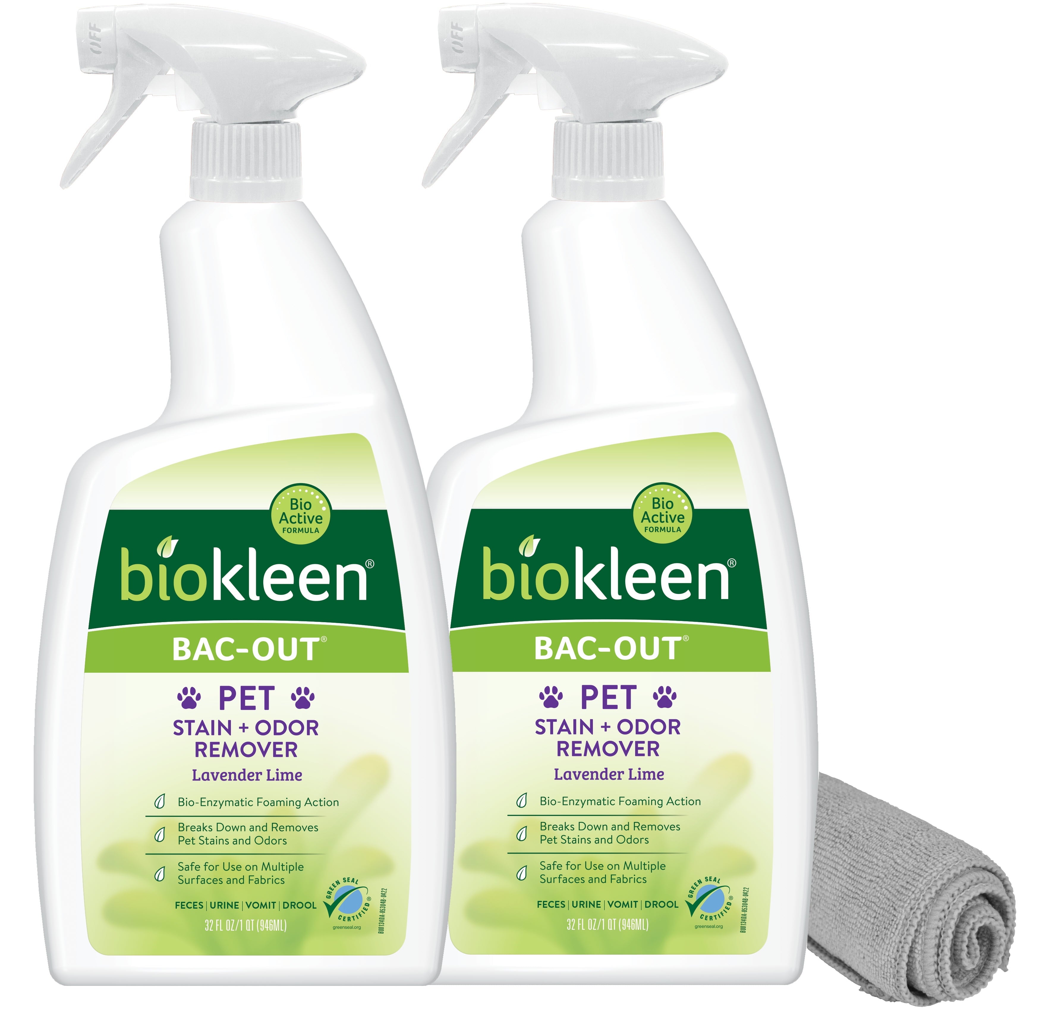 Biokleen Bac-Out Pet Stain & Odor Remover Foaming Spray - 32 Oz (2 Pack With Micro Fiber Towel)
