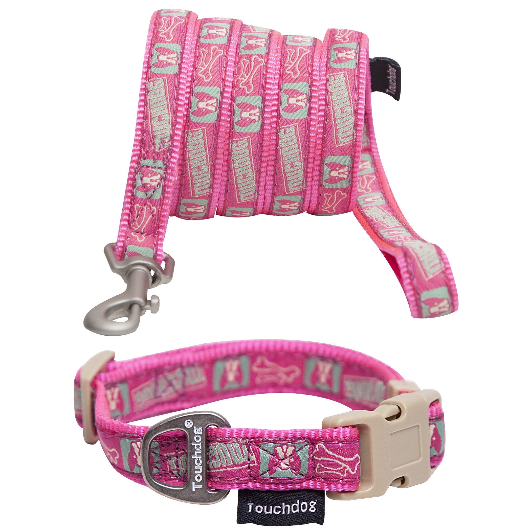Touchdog Caliber Designer Embroidered Fashion Pet Dog Leash And Collar Combination  Medium  Pink Pattern
