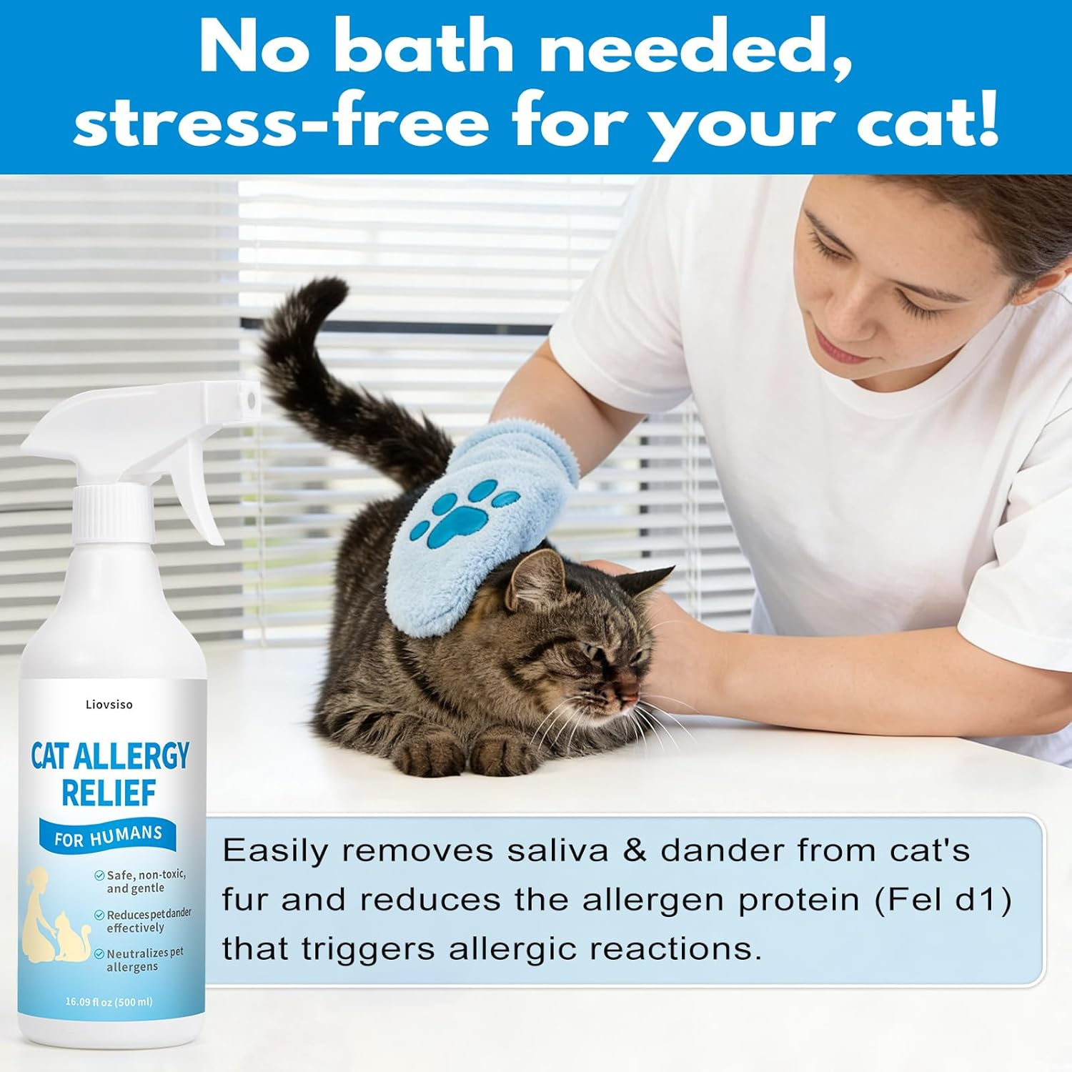 Cat Allergy Relief Spray Dander Remover Anti Allergen Mitt No Rinse 16oz