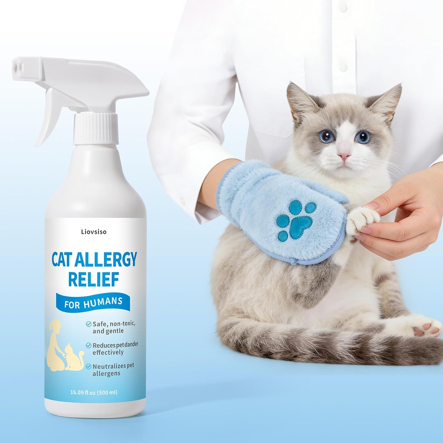 Cat Allergy Relief Spray Dander Remover Anti Allergen Mitt No Rinse 16oz