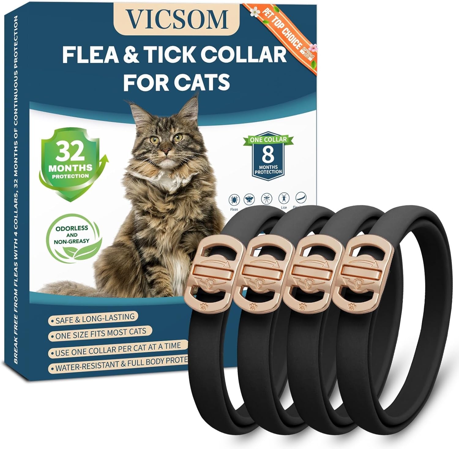 Cat Flea Collar 4 Pack Waterproof Adjustable Tick Prevention 32 Month Protection