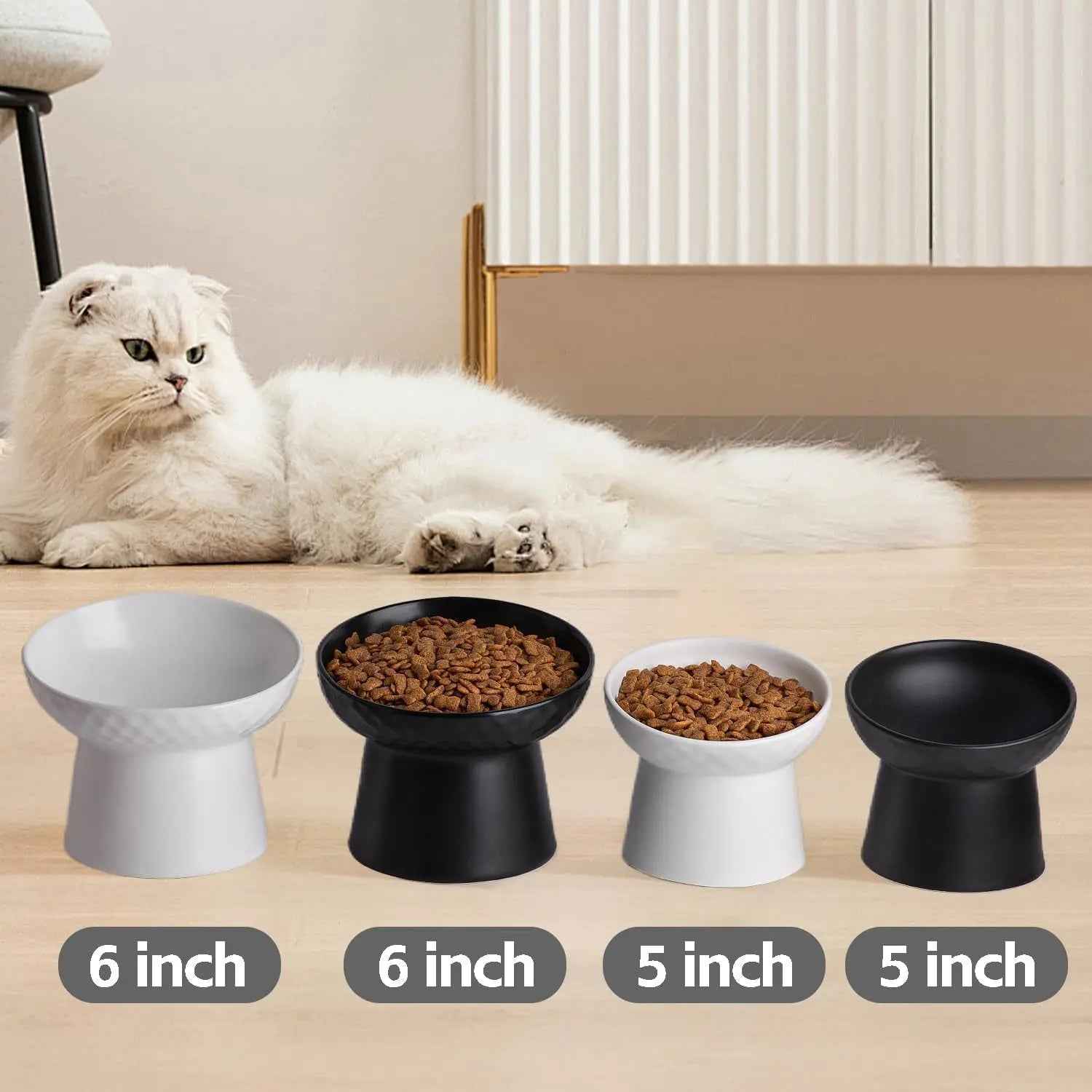 Ceramic Raised Tilted Cat Bowls Set of 2, Elevated Porcelain Feeder