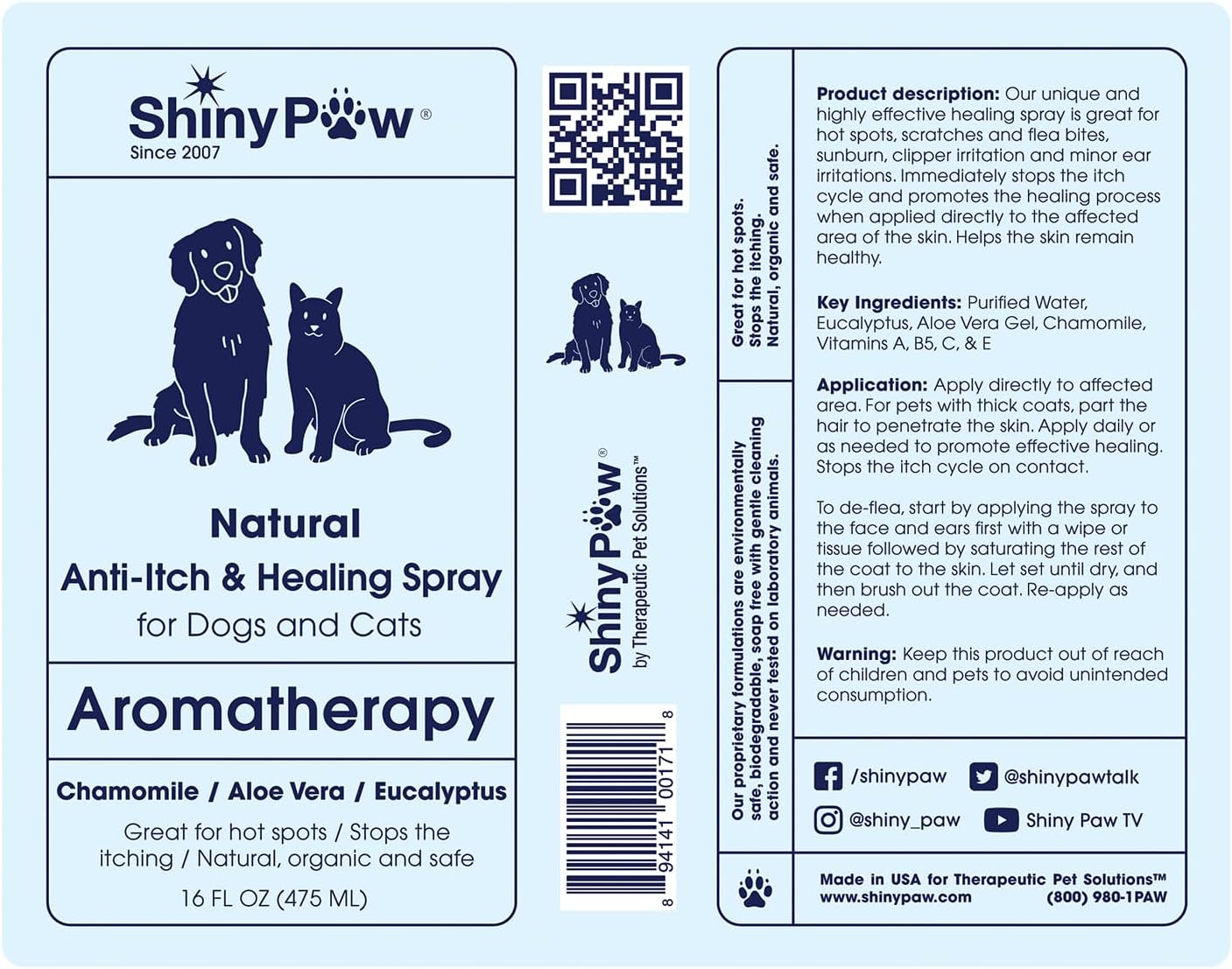 Dog Itch Spray Hot Spot Relief Aloe Eucalyptus Skin Treatment Made USA 16oz