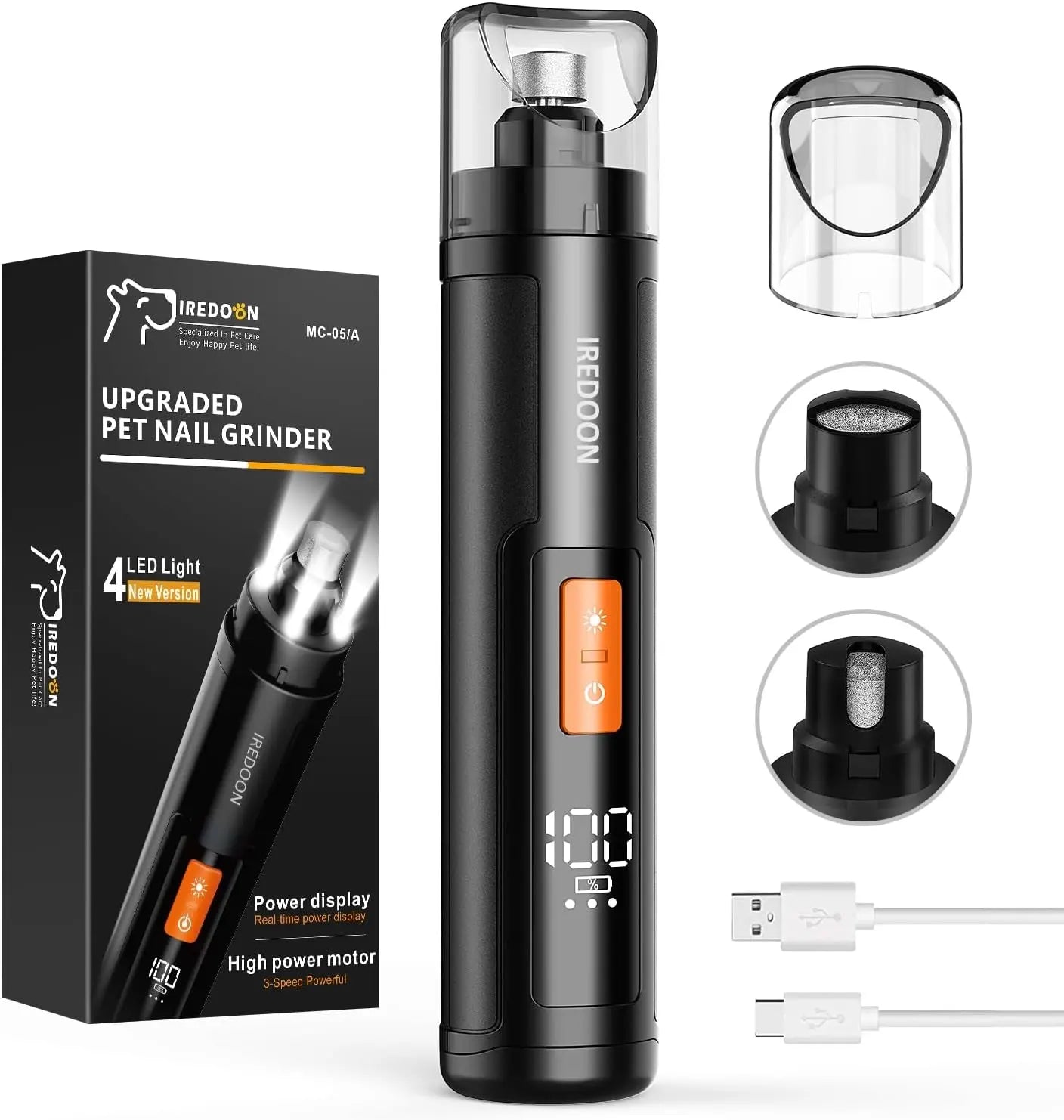 Dog Nail Grinder 3-Speed Quiet w LED Lights Professional Grooming