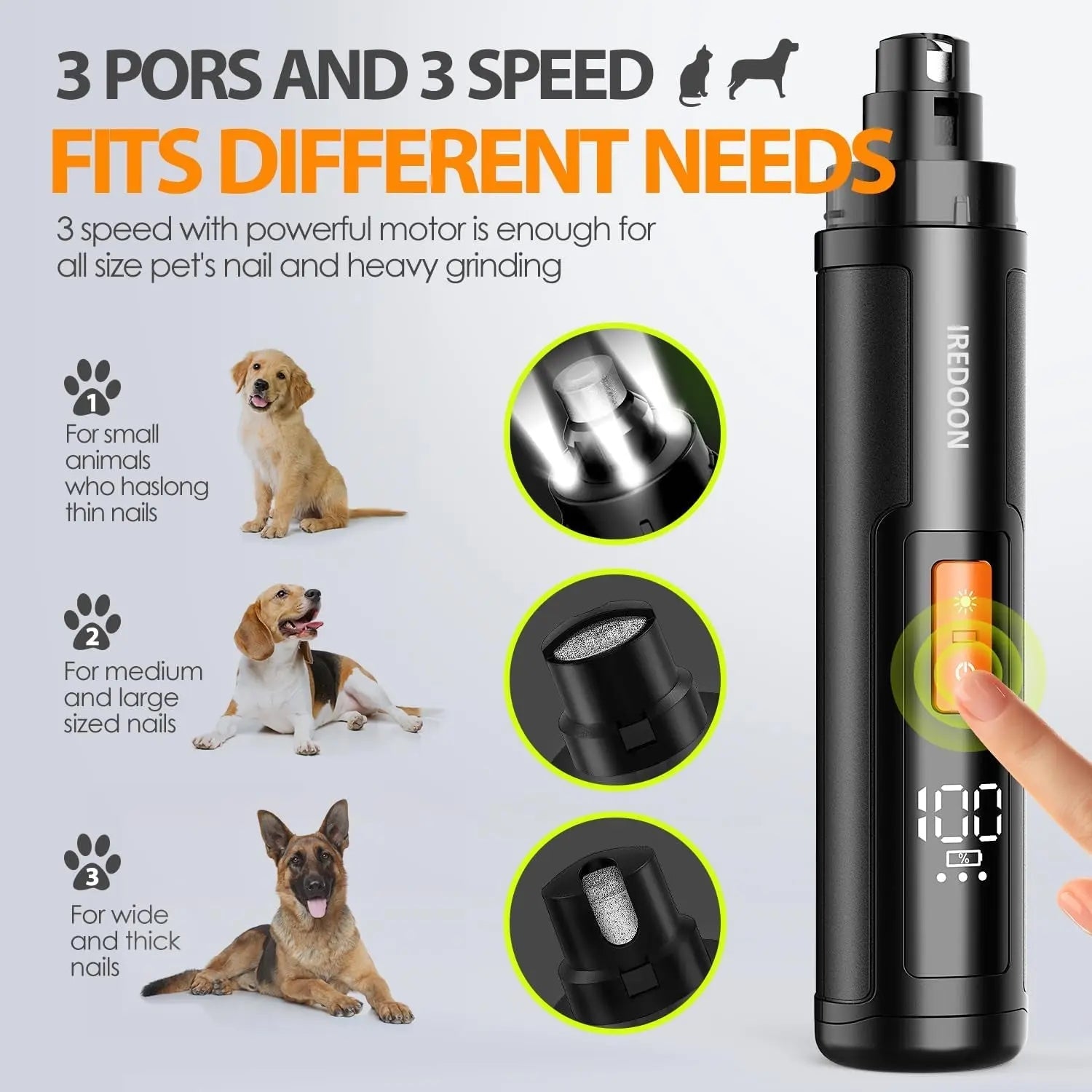 Dog Nail Grinder 3-Speed Quiet w LED Lights Professional Grooming
