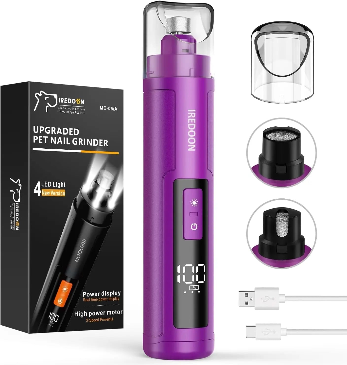 Dog Nail Grinder 3-Speed Quiet w LED Lights Professional Grooming
