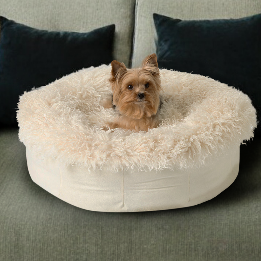 PupPouf Luxe Faux Fur Donut Dog Bed - Plush Sheep Ivory