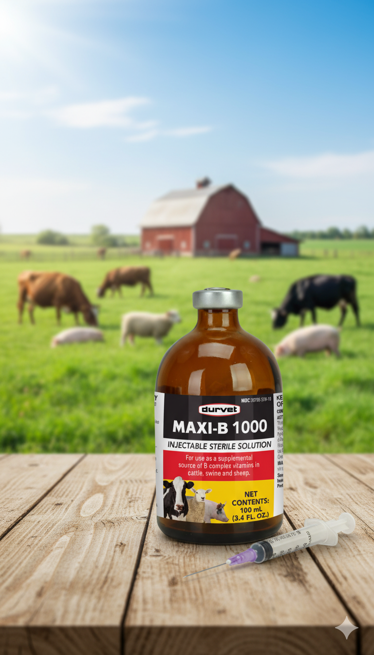 Durvet Maxi B 1000 Vitamin B12 Complex Cattle Swine Sheep Injectable Supplement