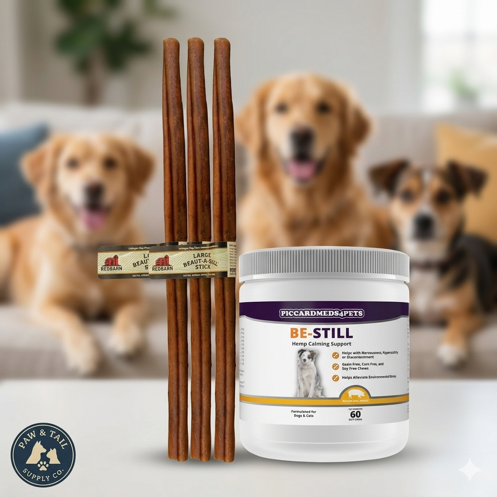Dog Calming Chews Hemp 60ct + Large Collagen Stick 3ct Anxiety Relief Treat Bundle
