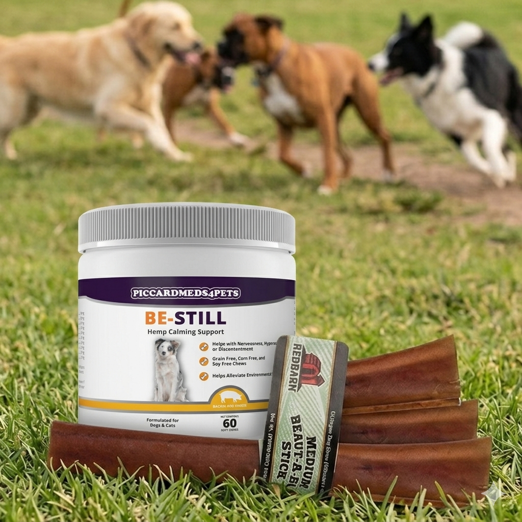 Dog Calming Chews Hemp 60ct + Medium Collagen Stick 3ct Anxiety Relief Treat Bundle