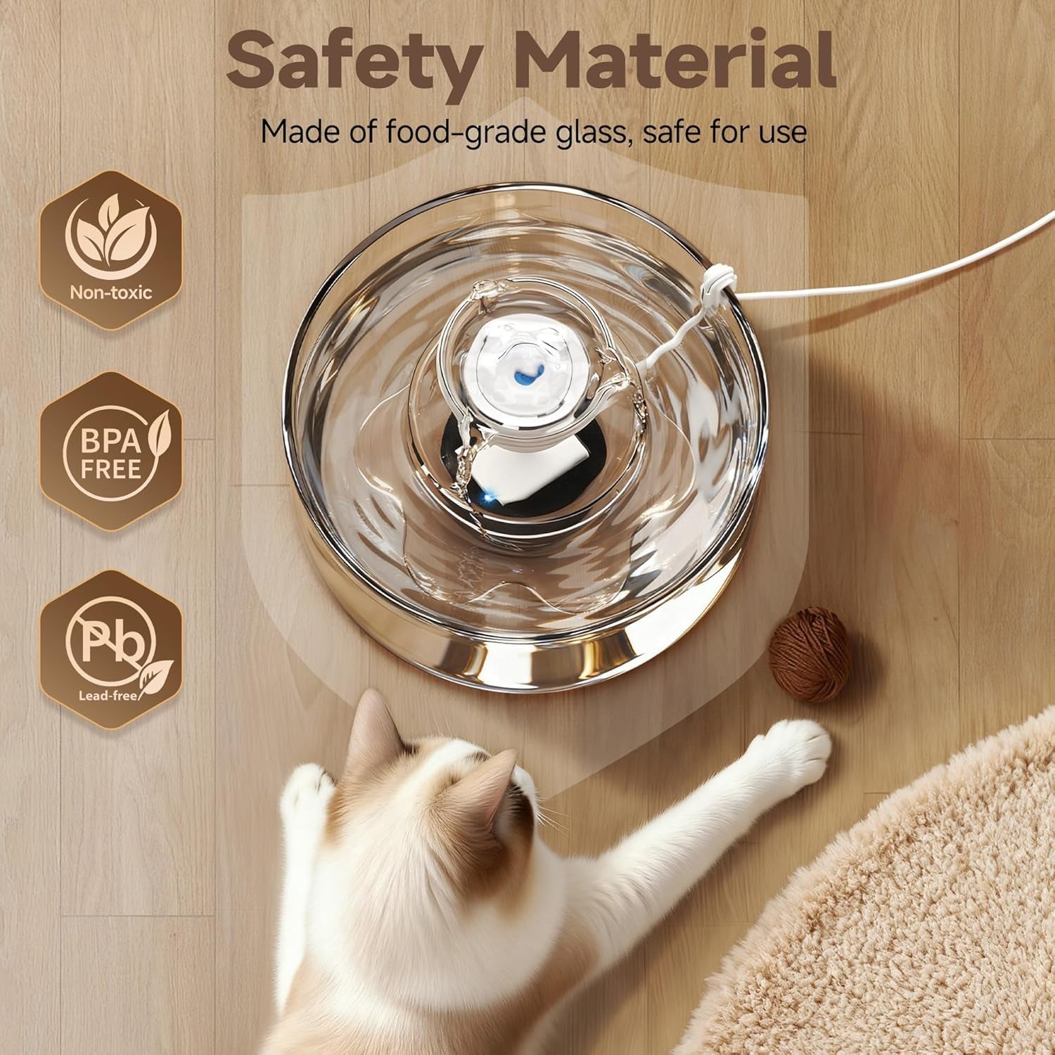 Glass Cat Water Fountain 2.7L Ultra Quiet BPA Free Auto Pet Fountain