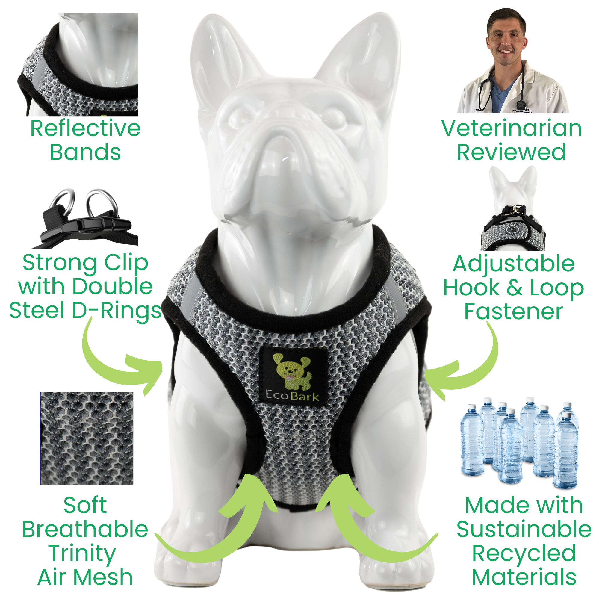EcoBark Step In Dog Harness - Teacup & Small Breeds- Reflective Soft Mesh Harness for Teacup, Small Dogs and Puppies / Steel Gray