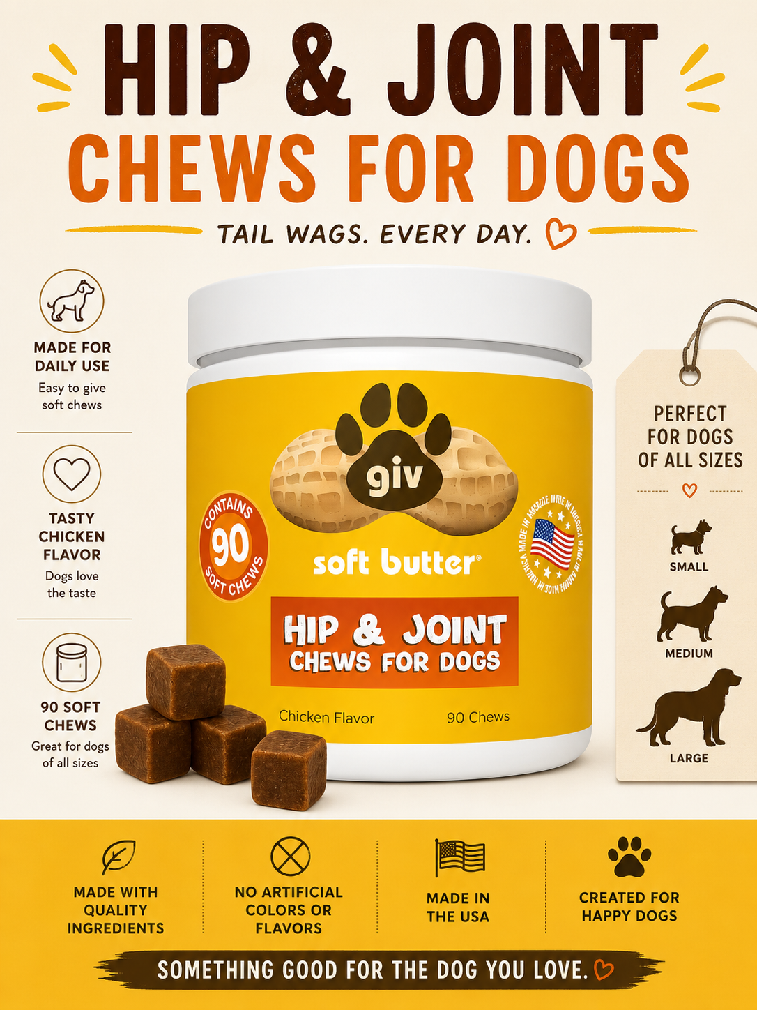 Hip & Joint Chews for Dogs (Two 90 Count Jars, 180 chews)