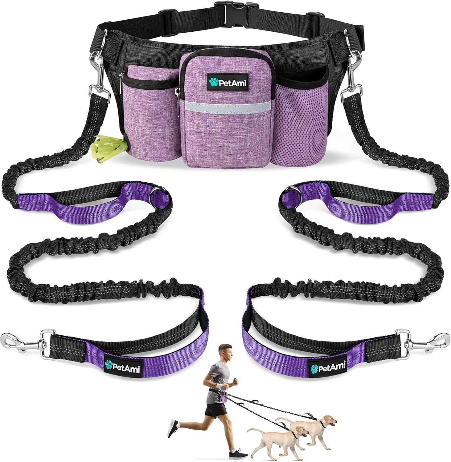 Hands Free Dog Leash Dual Bungee Waist Belt Adjustable Running Walking 2 Dogs