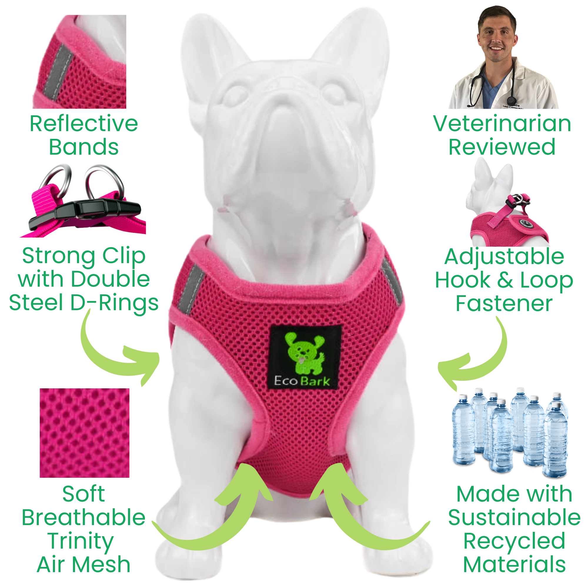 EcoBark Step In Dog Harness - Teacup & Small Breeds- Reflective Soft Mesh Harness for Teacup, Small Dogs and Puppies / Hot Pink