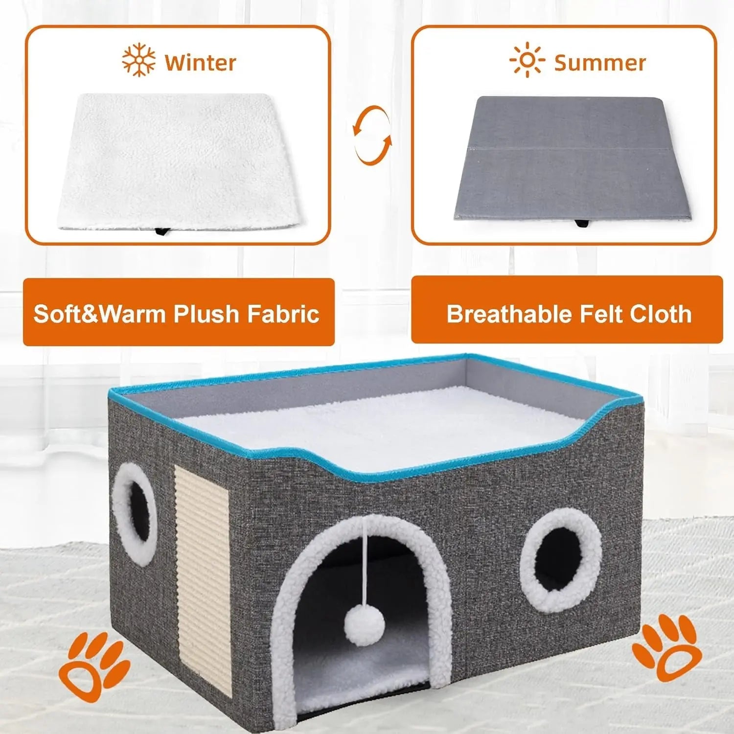 Indoor Cat House Cube with Bed, Scratch Pad & Toy Ball, Foldable Condo