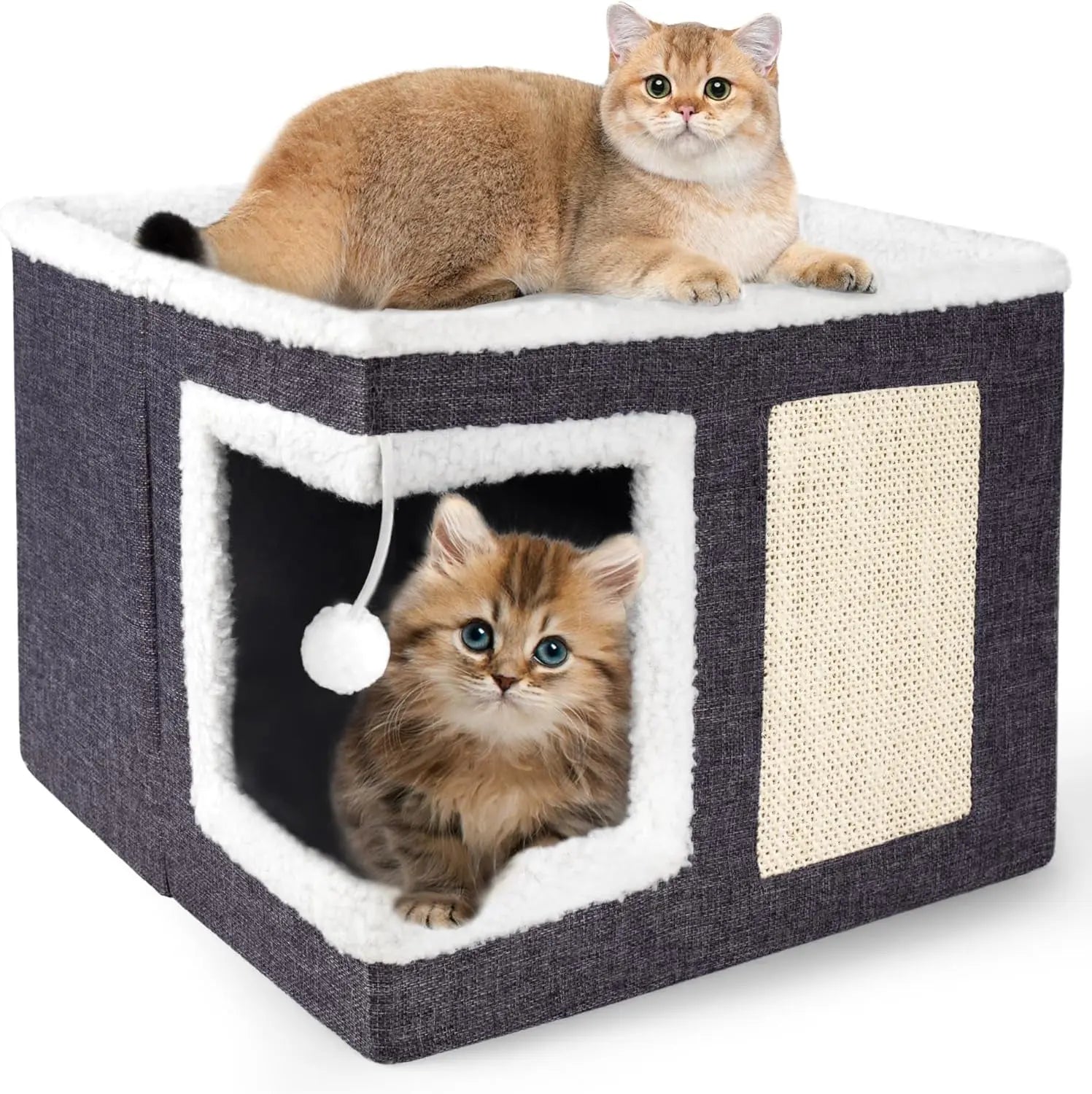 Indoor Cat House Cube with Bed, Scratch Pad & Toy Ball, Foldable Condo