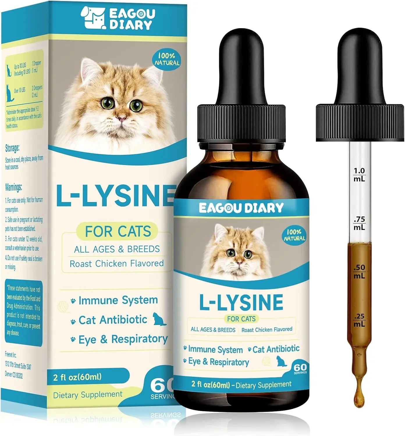L-Lysine Liquid Drops for Cats Immune & Respiratory Support 2oz Chicken