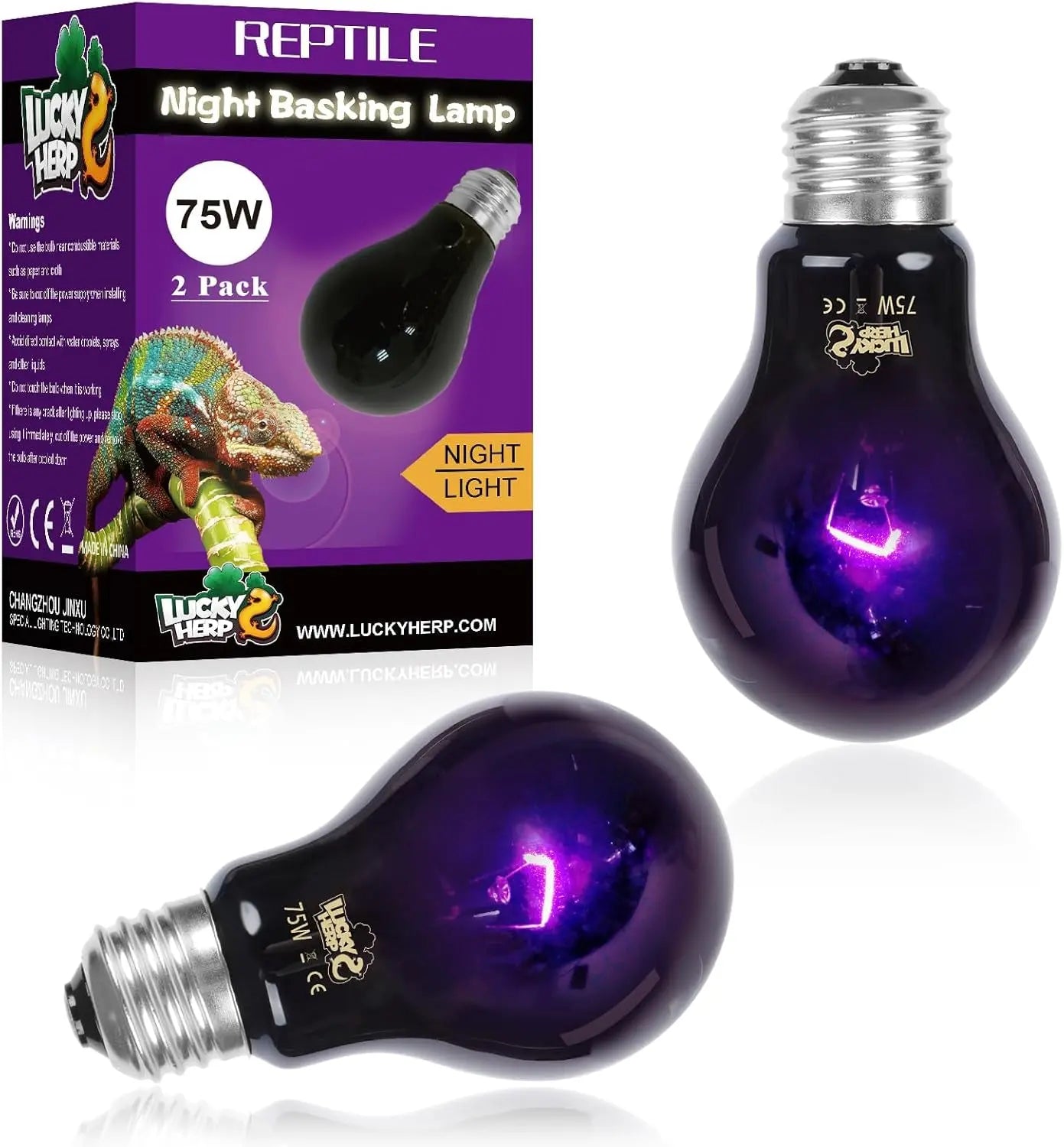LUCKY HERP Reptile Night Heat Bulb 2 Pack 50W/75W UVA Heat Lamp E26