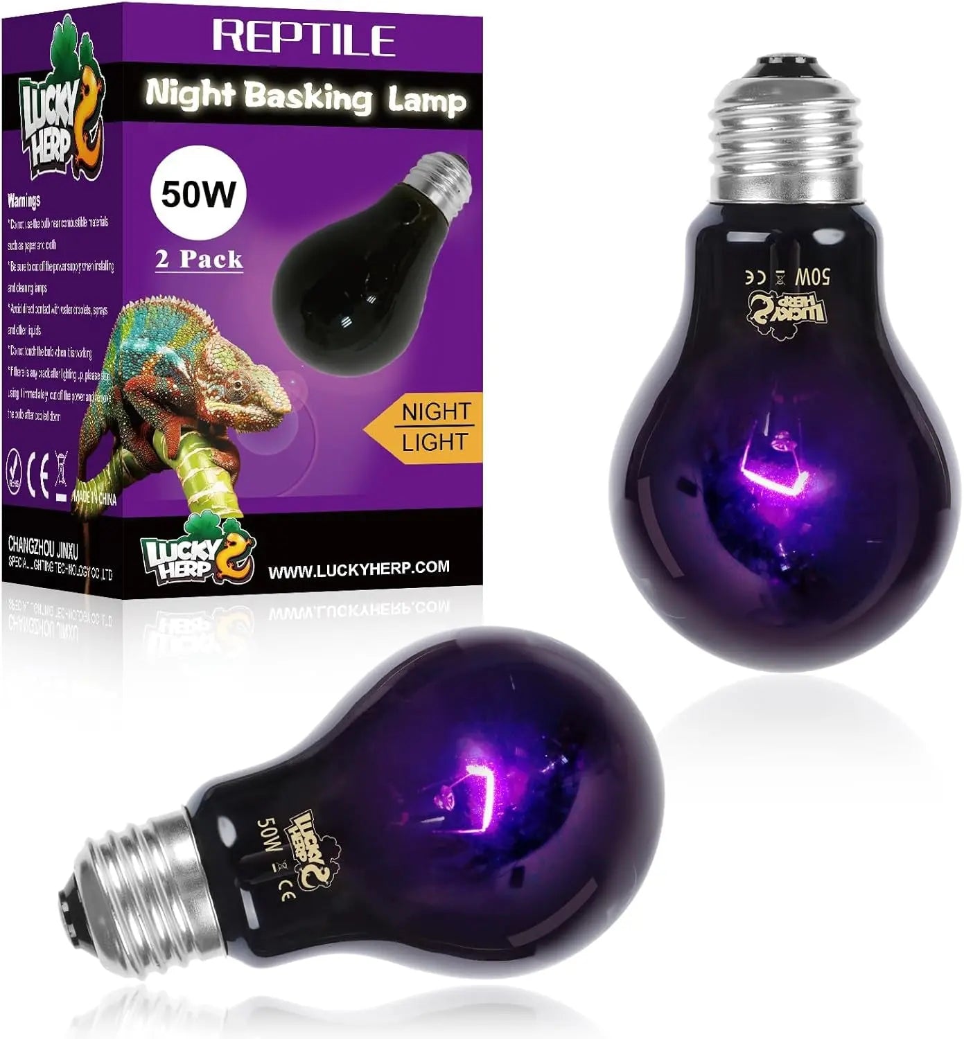 LUCKY HERP Reptile Night Heat Bulb 2 Pack 50W/75W UVA Heat Lamp E26