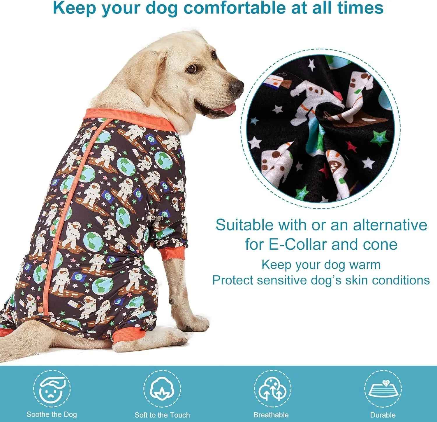 Large Dog Onesie Pajamas – Space Astronaut Print, UV Recovery Pullover