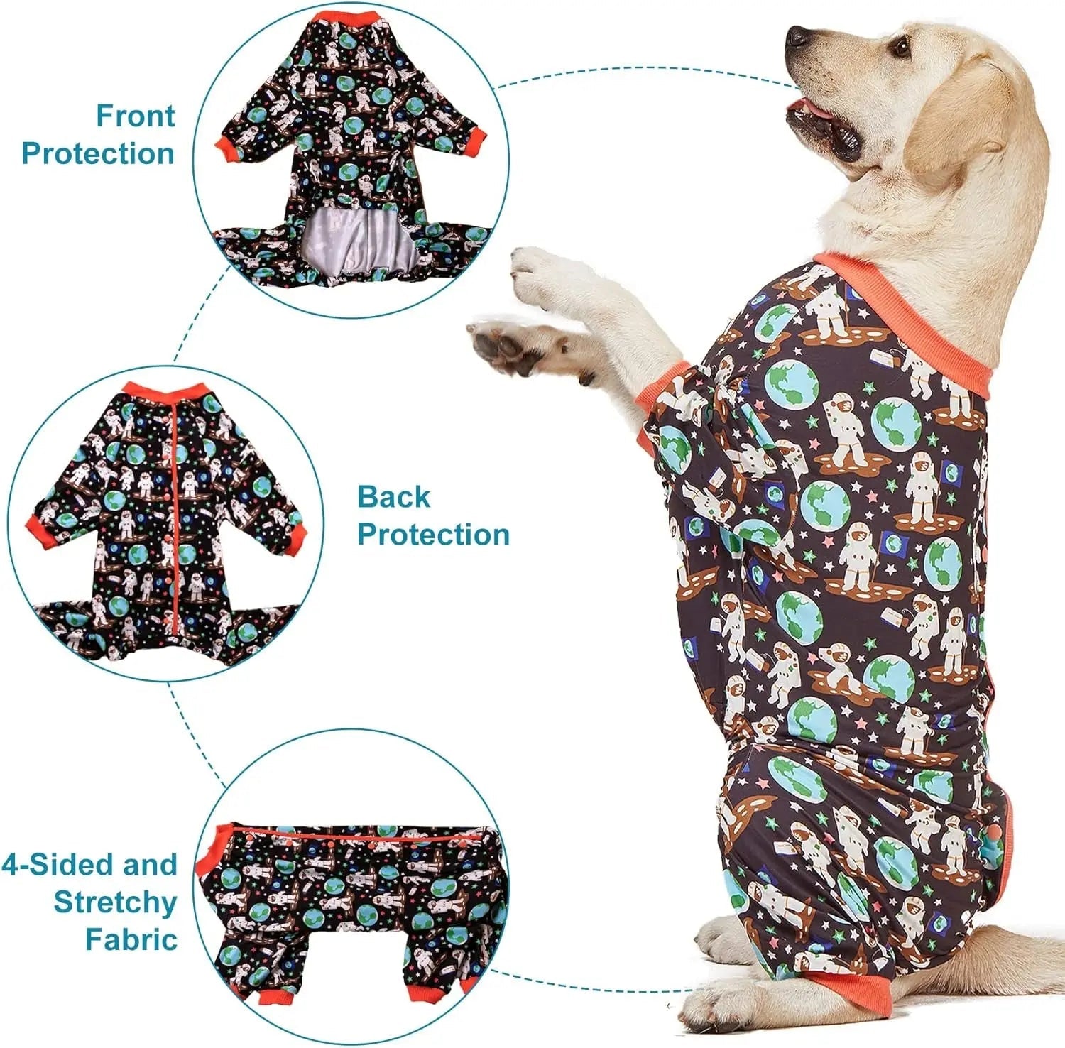 Dog Recovery Pajamas – Space Astronaut Print, UV Pullover for Large Dogs