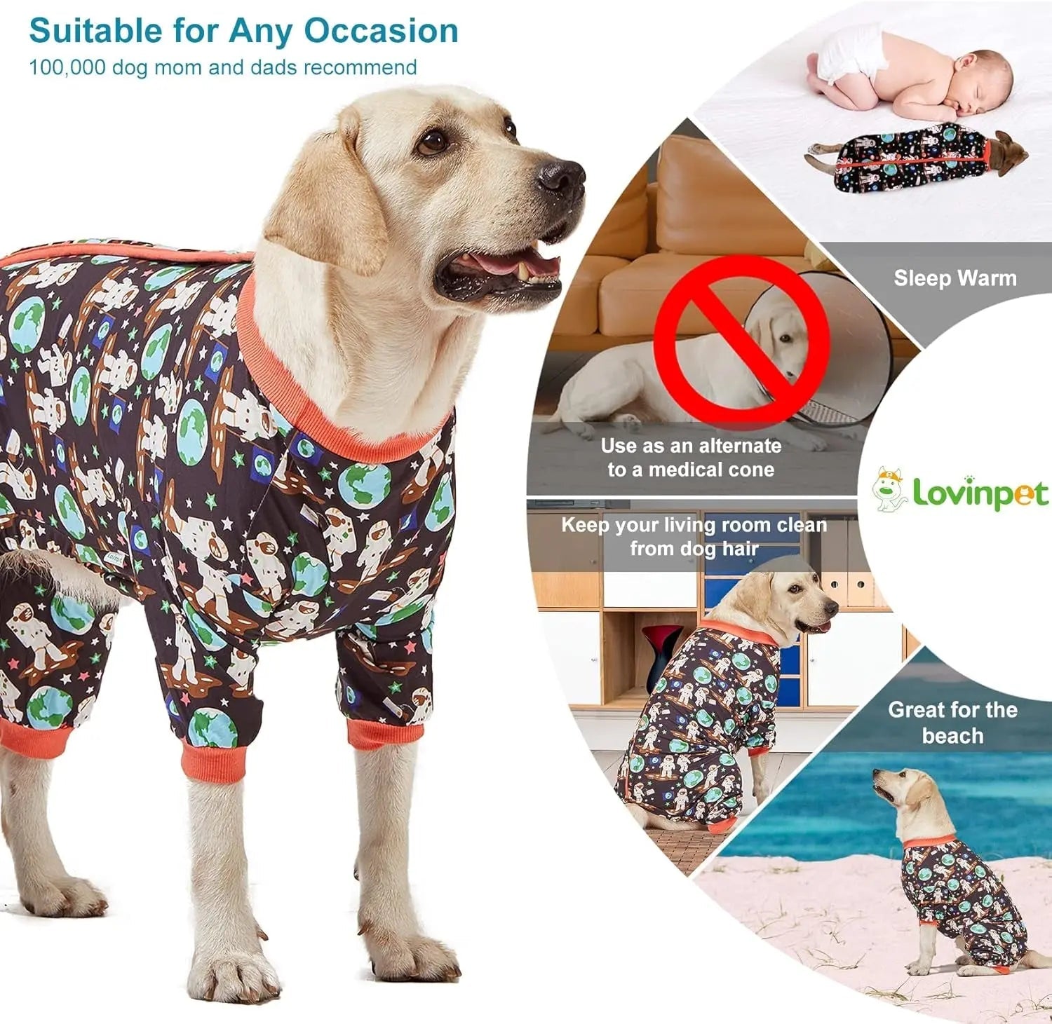Dog Recovery Pajamas – Space Astronaut Print, UV Pullover for Large Dogs