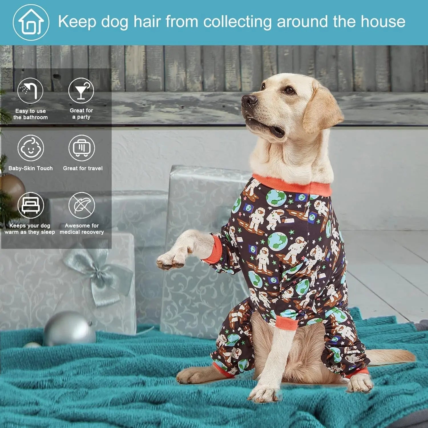 Dog Recovery Pajamas – Space Astronaut Print, UV Pullover for Large Dogs