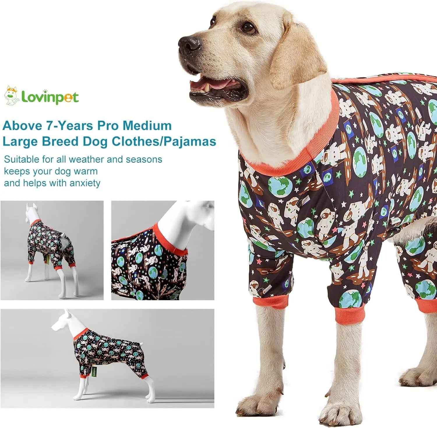 Large Dog Onesie Pajamas – Space Astronaut Print, UV Recovery Pullover