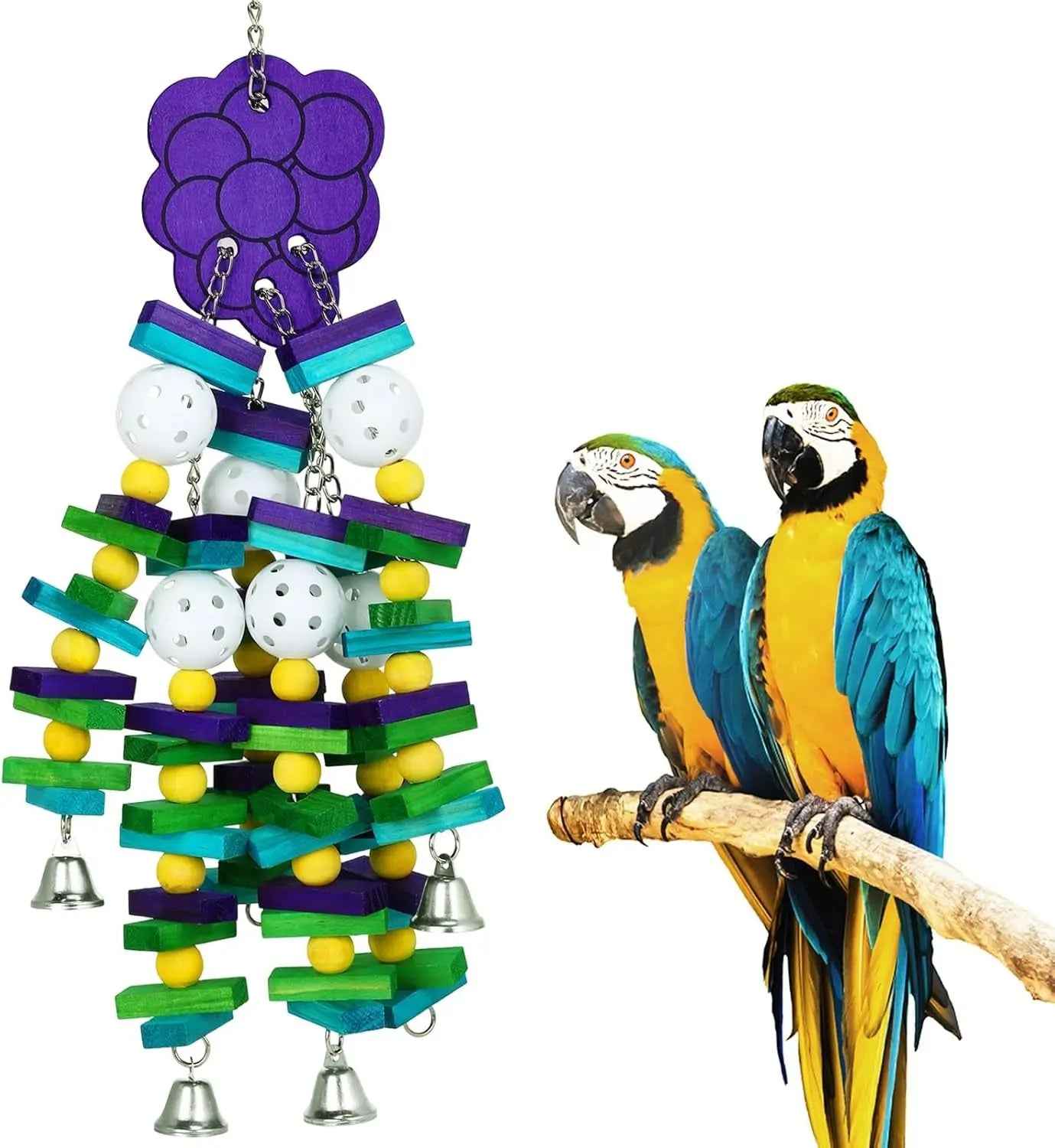 Large Parrot Wood Chew Toy with Bells – 22 Inches