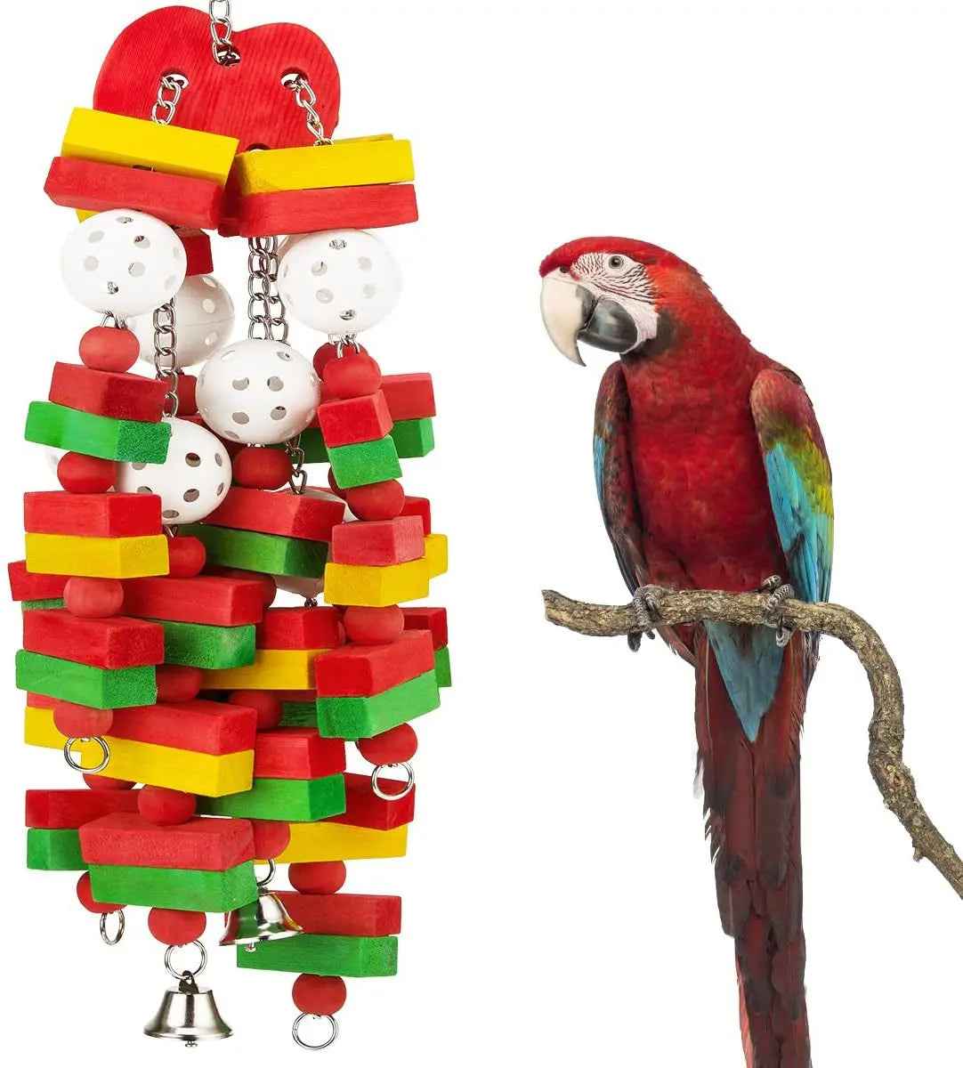 Large Parrot Wood Chew Toy with Bells – 22 Inches