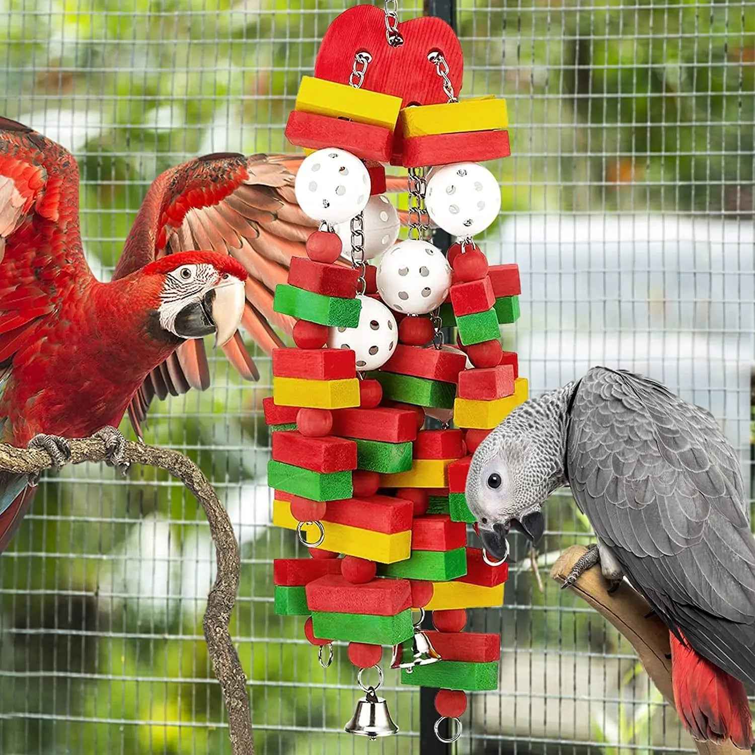 Large Parrot Wood Chew Toy with Bells – 22 Inches