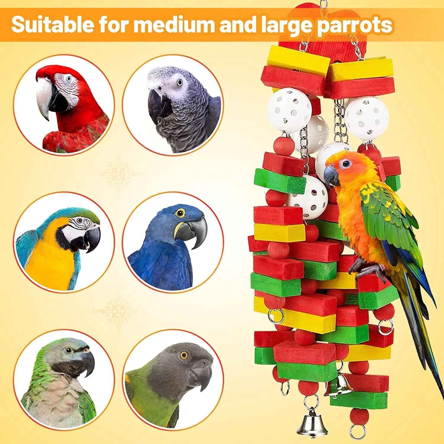 Large Parrot Wood Chew Toy with Bells – 22 Inches