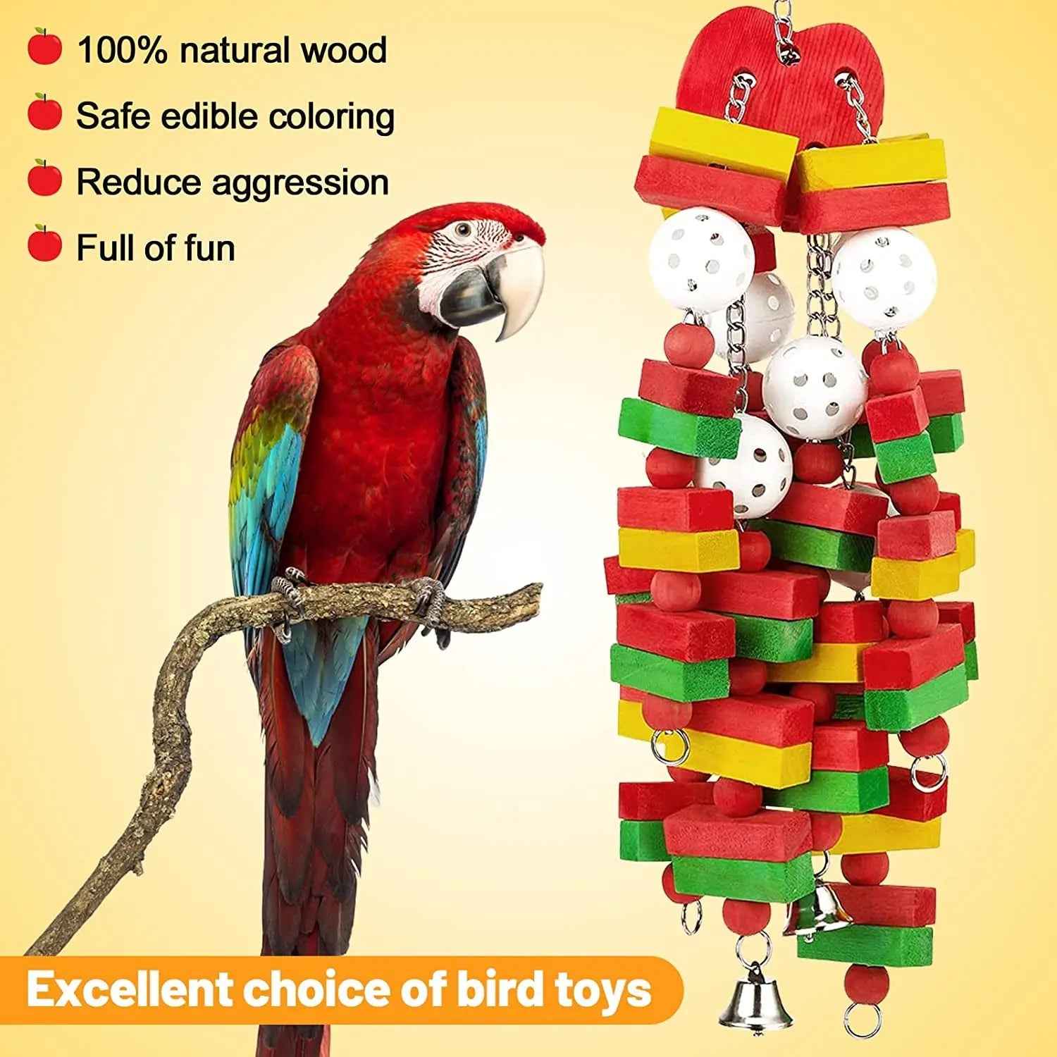 Large Parrot Wood Chew Toy with Bells – 22 Inches