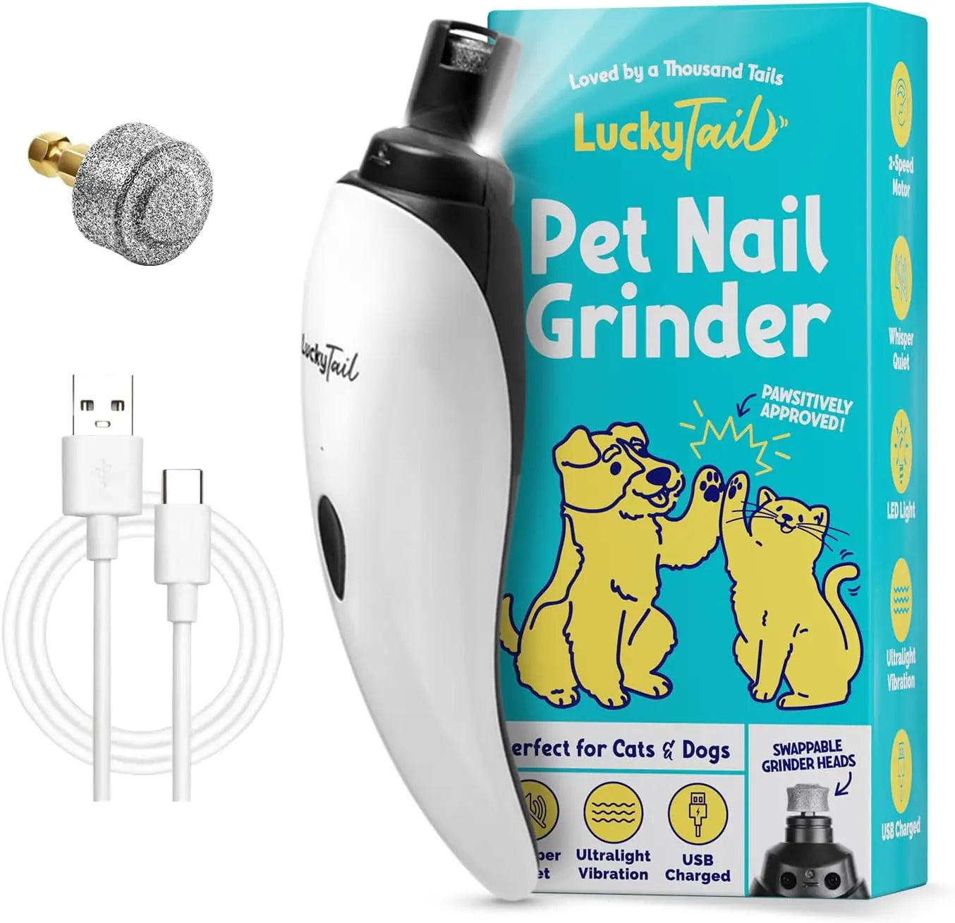 Luckytail Pet Nail Grinder Quiet USB Rechargeable 2 LED 2 Speeds