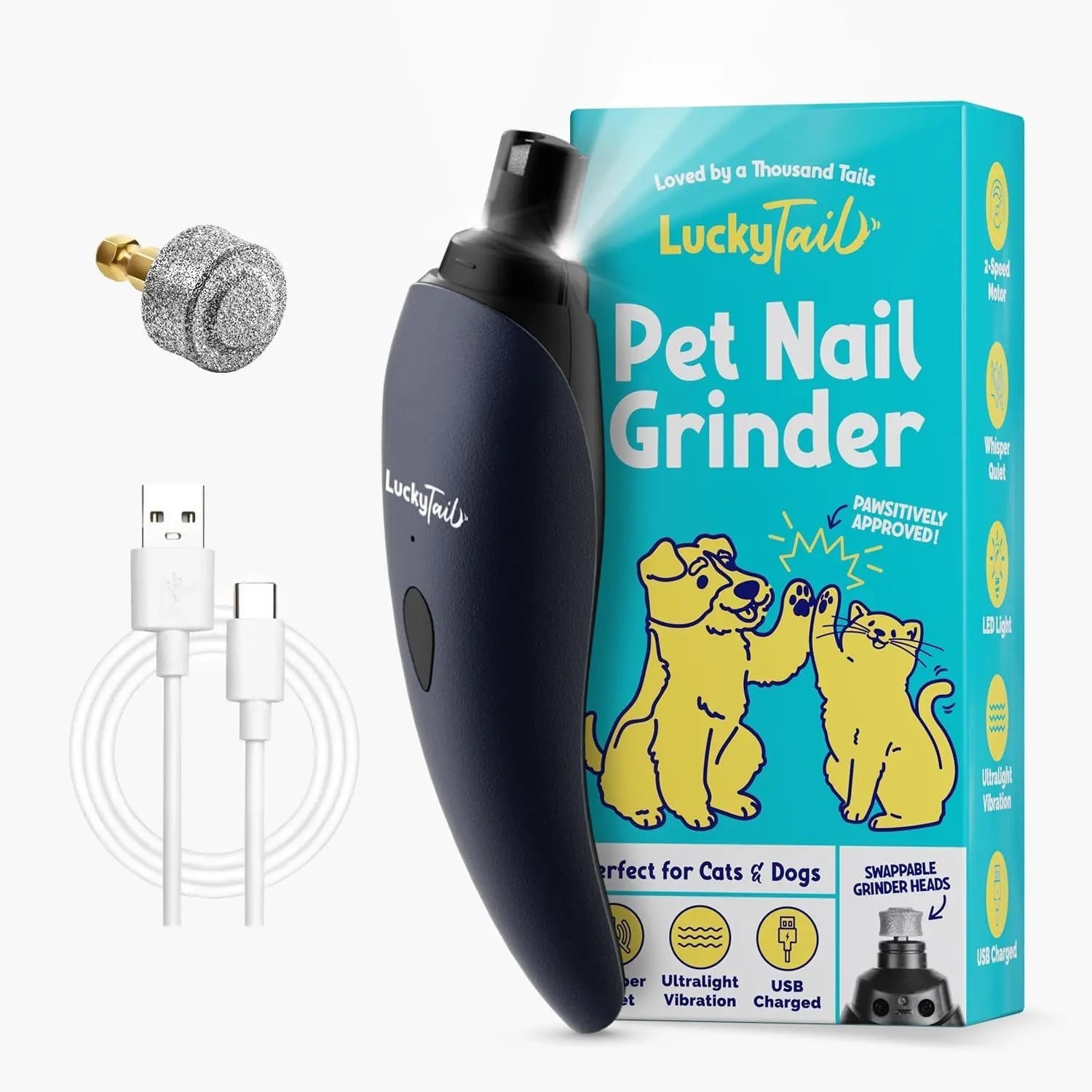 Luckytail Pet Nail Grinder Quiet USB Rechargeable 2 LED 2 Speeds