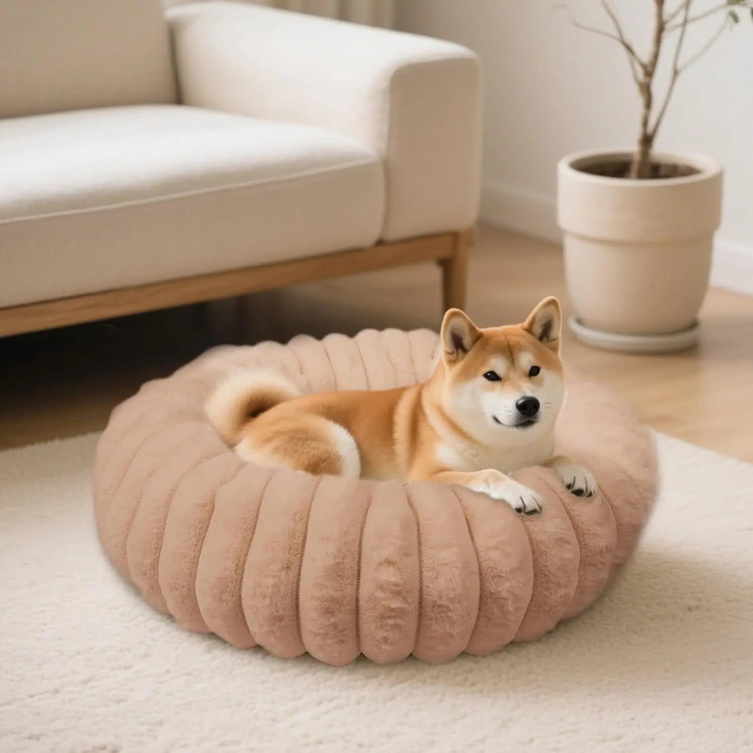 Faux Fur Calming Donut Dog & Cat Bed with Non-Slip Base