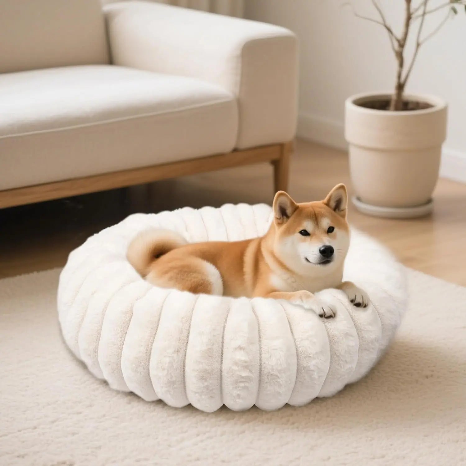 Faux Fur Calming Donut Dog & Cat Bed with Non-Slip Base