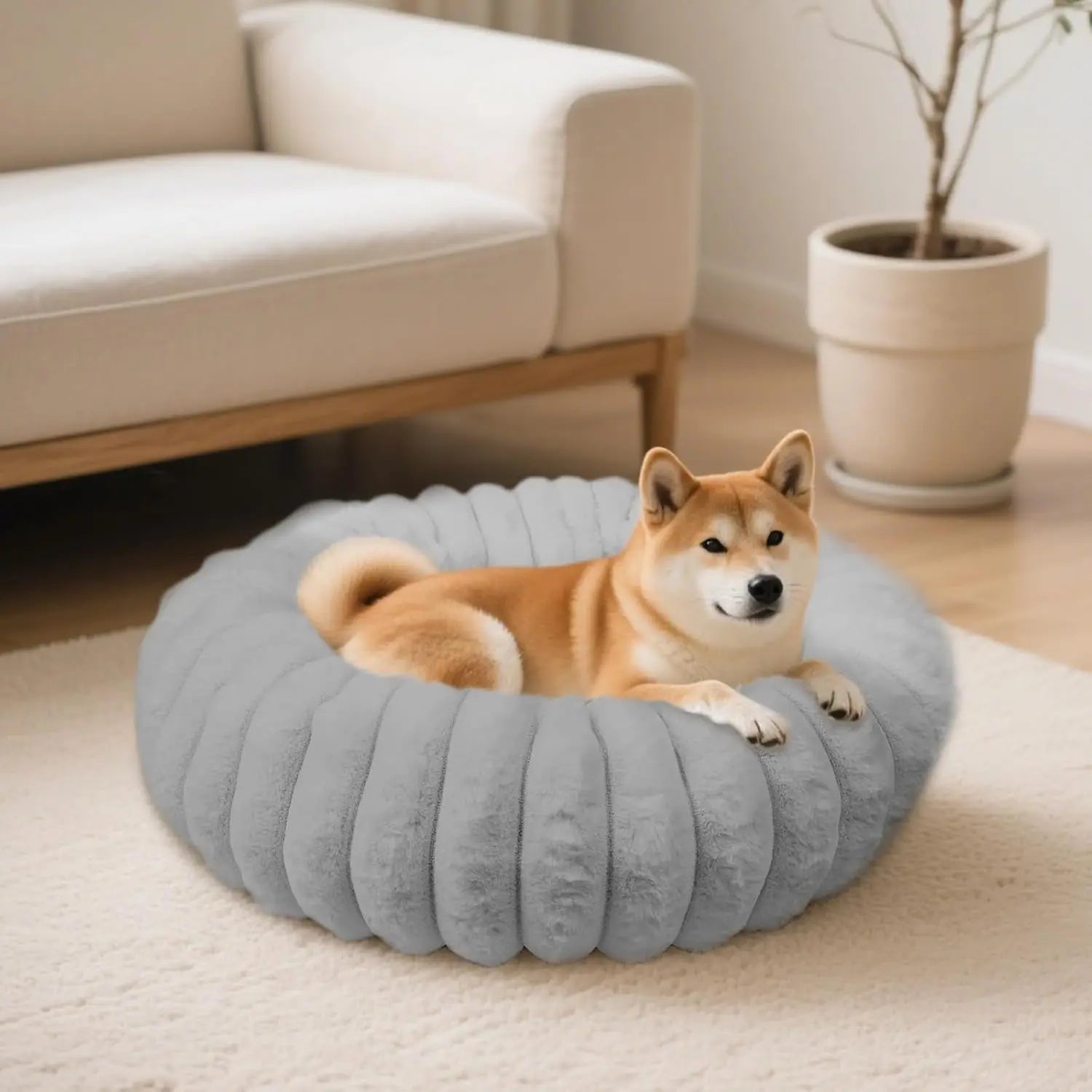 Faux Fur Calming Donut Dog & Cat Bed with Non-Slip Base