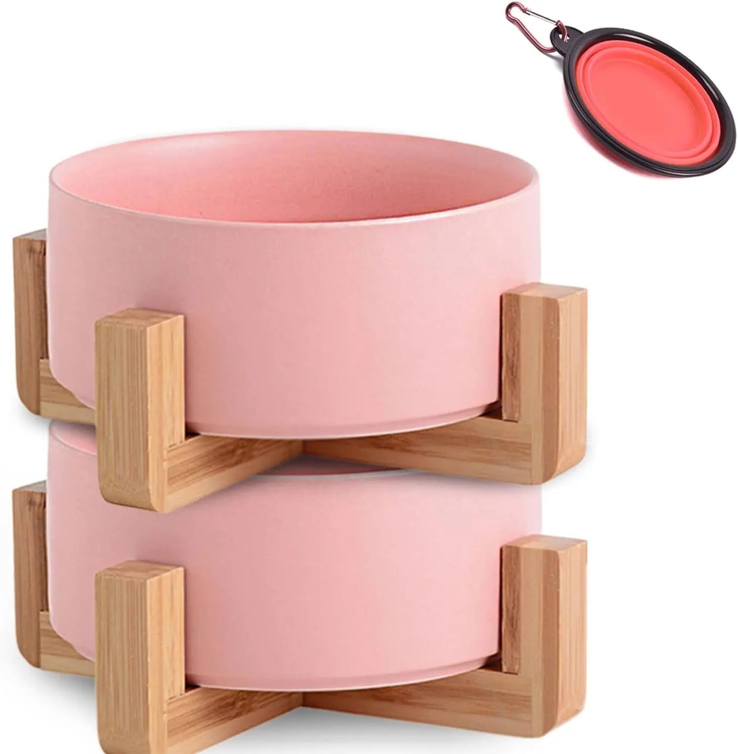 Modern Ceramic Cat & Dog Bowl Set with Wood Stand, Non-Slip, Set of 2